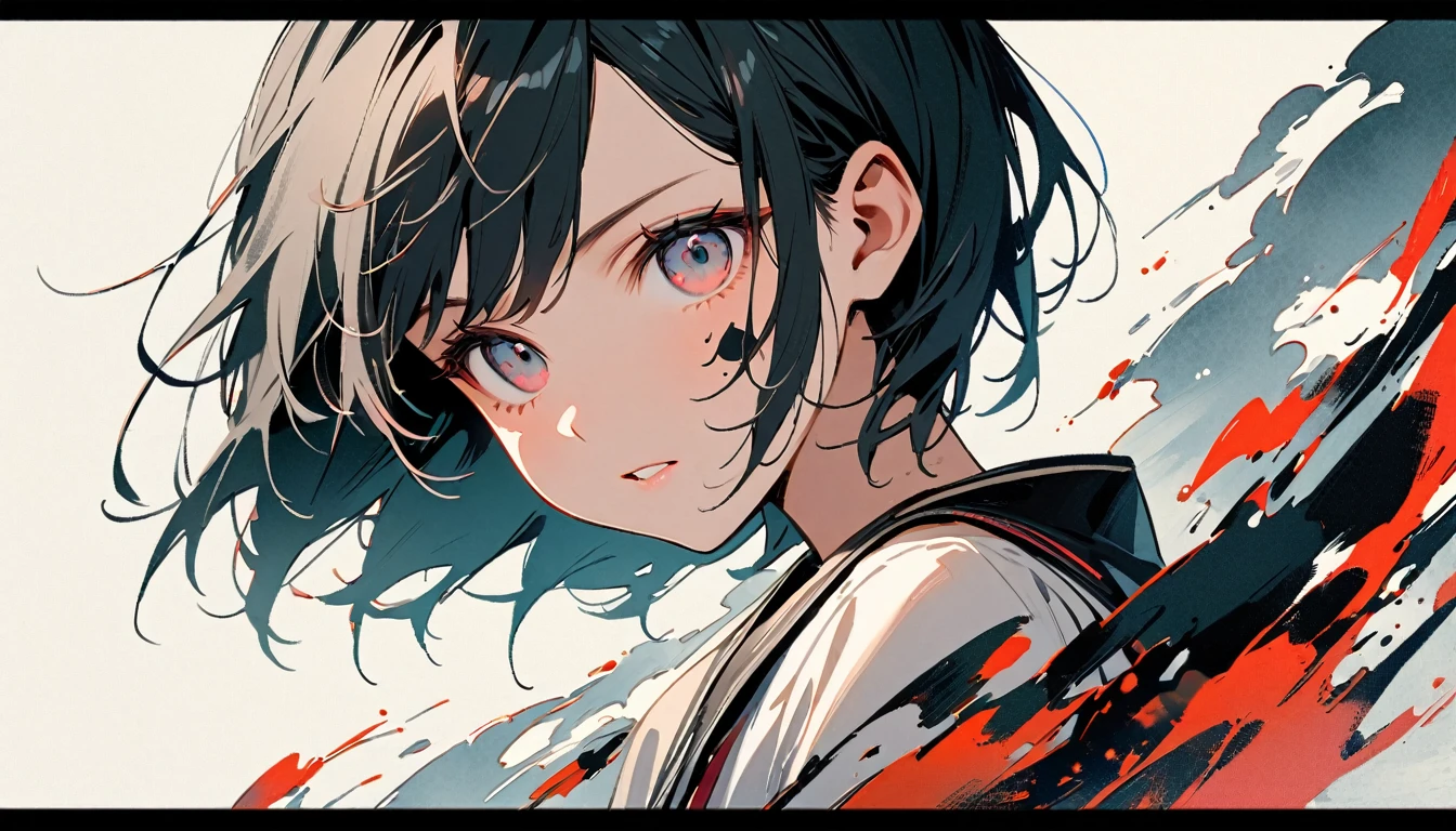 (((Ink Painting))), Fashion portrait color photos, (((1 girl))), (((Tattoo on face))), (((Small devil))), Japanese style headphones, face close-up, Japan人の美少女, Black Hair, Japan, Japanese flag