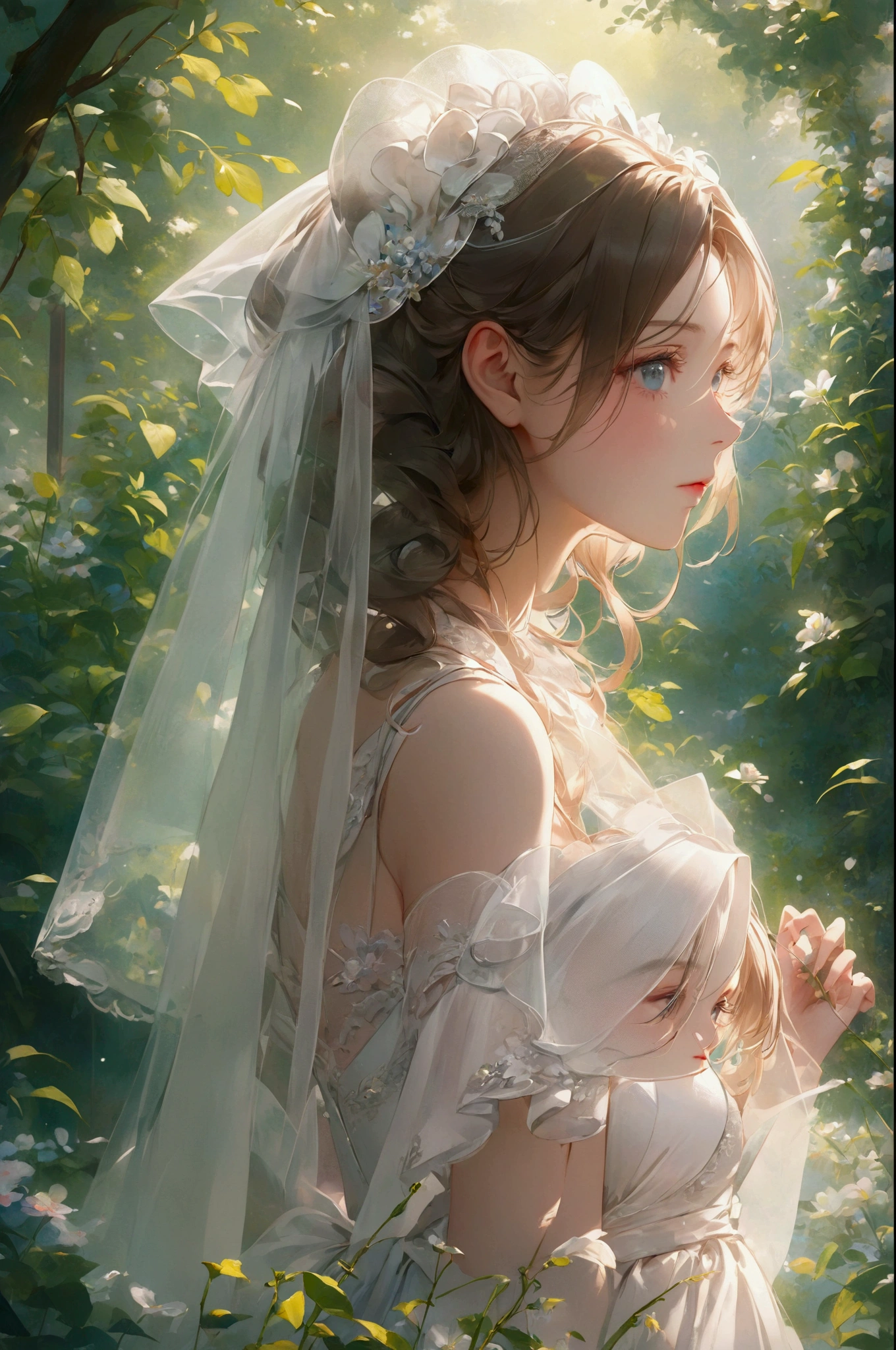 A woman in a wedding dress is standing in the garden, Gweiz-style artwork, guweiz on pixiv artstation, Beautiful anime portraits, Guweiz on ArtStation Pixiv, Detailed digital anime art, Reusch and Urop, Beautiful anime artwork, Detailed portrait of an anime girl, Beautiful and detailed anime art, Beautiful anime art