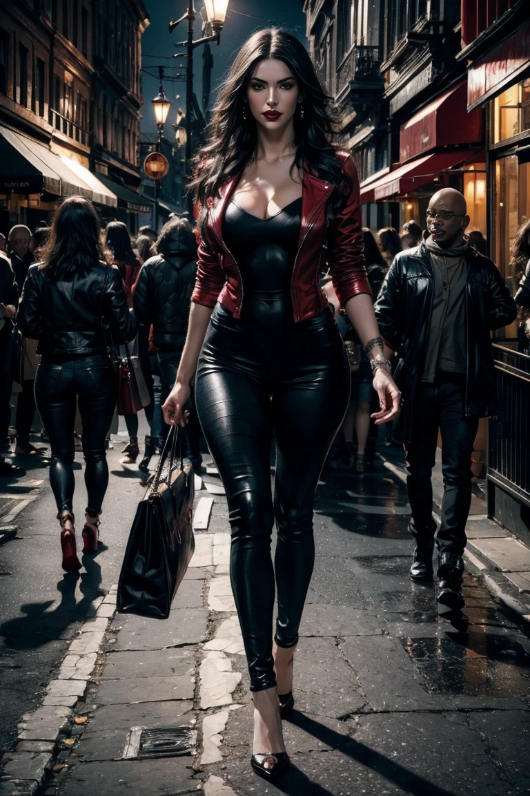 full body, a beautiful sexy sensual 25-year-old vampire woman with short black hair, pale skin, red lips, full breasts, thin waist, long shapely thighs, muscular athletic body, wearing a red jacket and black tight pants, black sleeveless leotard, hazy Victorian London street at night, front view, dynamic pose, ambient lighting, realistic photo, intricate facial detail, intricate hand details, highly detailed, vivid colors, cinematic, high definition, trendy Artstation