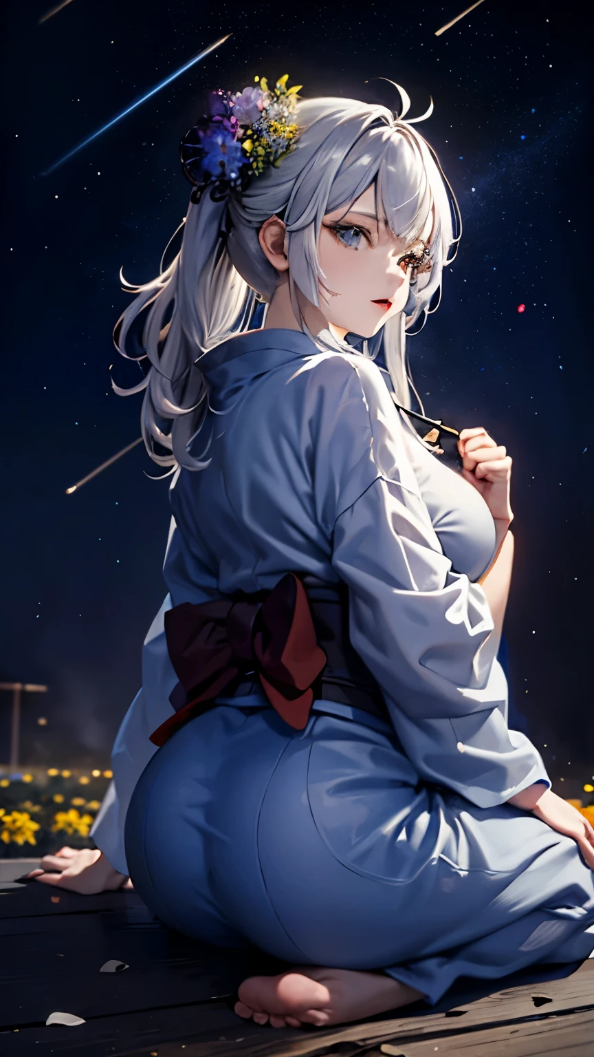 masterpiece, high quality, 4K, Beautiful design, silhouette，Gray Hair， 非常に詳細な夜のStarry Sky,Flower Field， wonderful, Finer details,  Very knowledgeable woman, Highly detailed solo, 1 female,Big Breasts，Butt Emphasis，Yukata in white color，Night view，Starry Sky，How to sit，firework，