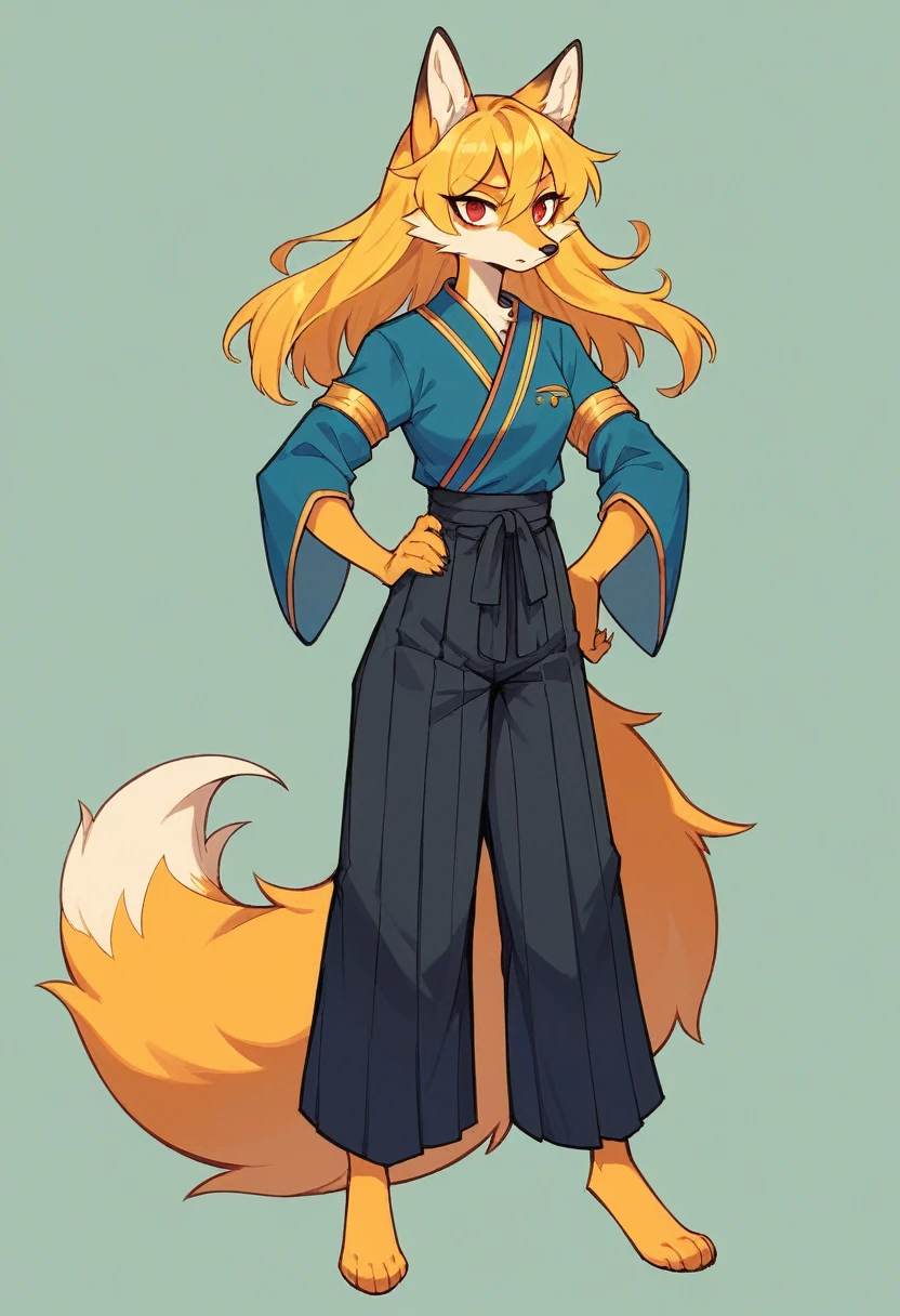 (full body,,The left hand is on the hip),((The right hand is out in front,)),small breasts,Adult female fox, Furry, Golden fur, Golden facial fur, long golden hair, The hair on his hands is golden, Golden yellow hair on the back of the hand, Light-filled eyes, Red eyes, Brown elements of fur,A plain dark blue outfit,Black Hakama,Very fine fur, Fluffy tail,