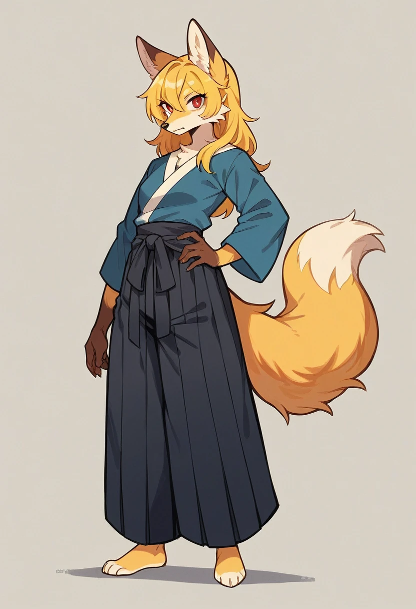 (full body,,The left hand is on the hip),((The right hand is out in front,)),small breasts,Adult female fox, Furry, Golden fur, Golden facial fur, long golden hair, The hair on his hands is golden, Golden yellow hair on the back of the hand, Light-filled eyes, Red eyes, Brown elements of fur,A plain dark blue outfit,Black Hakama,Very fine fur, Fluffy tail,