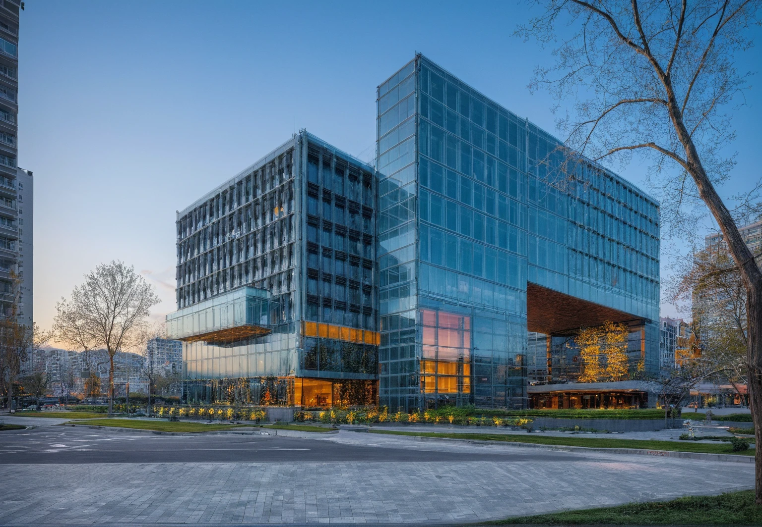 outdoor of modern hotel, with grid detailing on an urban street corner, larrge glass window, overlooking city streets. Architectural photography of an architectural masterpiece with a full building view, vivid color, natural lighting, masterpiece, best quality, ultra quality, absurd details, best light, best shadow, 