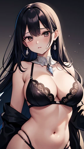 Tabletop, 最high qualityの, high quality, yakumodd, Long Hair, crystal Earrings, Earrings, Mole on chest, big , Cleavage, Black bra, Black Thread, belly button,High Contrast, (Best lighting, Very delicate and beautiful), ((Cinematic Light)),