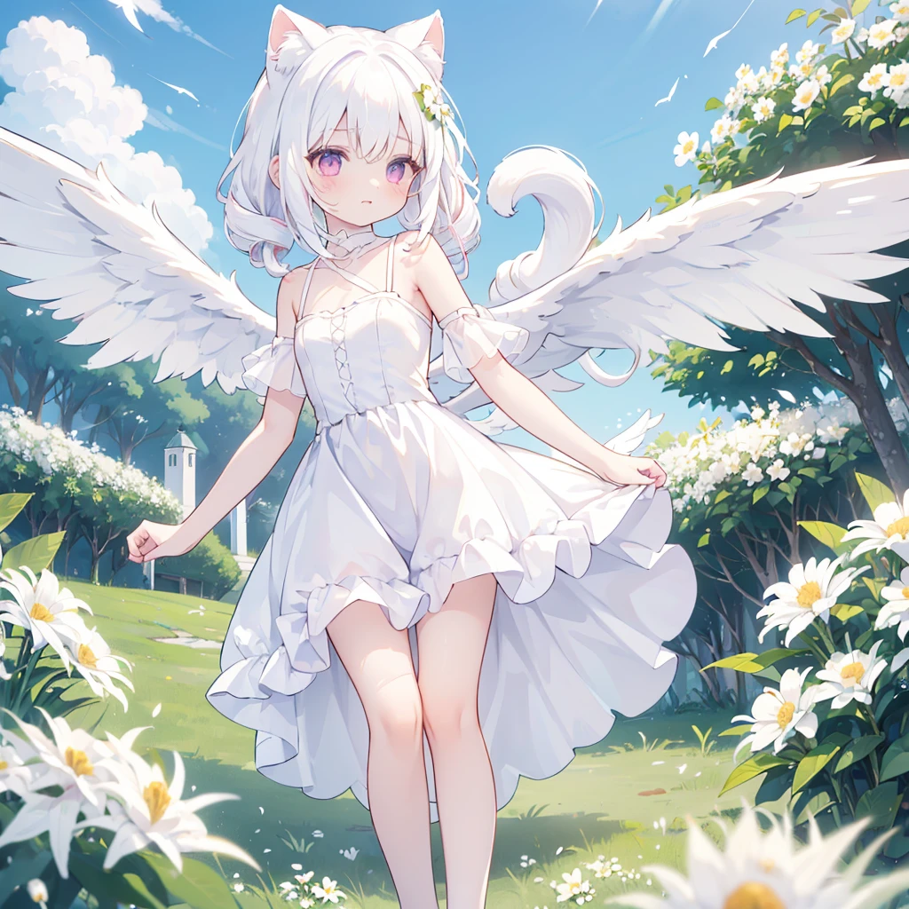 ((One girl)), (Standing diagonally facing forward:1.2), (Slightly bulging chest), (Slightly healthy tanned skin on face), (reddish-purple eyes, (mouth open with joy:1.2)
BREAK
(White cat ears:1.2), Inside the cat ears is paw-colored,
BREAK
(Pure white hair:1.6), (Softly curled pure white hair:1.6), (The hair under the cat ears behind the side hair flows forward and curls strongly on the collarbone:1.6), (Other hair is devided into several strands:1.6), (divided into several drill hair:1.6), (Hair weighs on her shoulders:1.6), (mideum length hair press down on her shoulders:1.6),
BREAK
(Pure white wings on upper body:1.2), (straight wings:1.3), (wings are small and short:2.0), 
BREAK
(simple dress made entirely of white:1.5), (dress with slightly exposed shoulders:1.1), (waist tied with string:1.3), (plenty of gathers below the waist:1.4), (dress reaches the knees:1.6), petticoat is white or absent,
BREAK
(wide green grassland:1.6), (lots of white flowers:1.6), (wide clear blue sky:1.4)