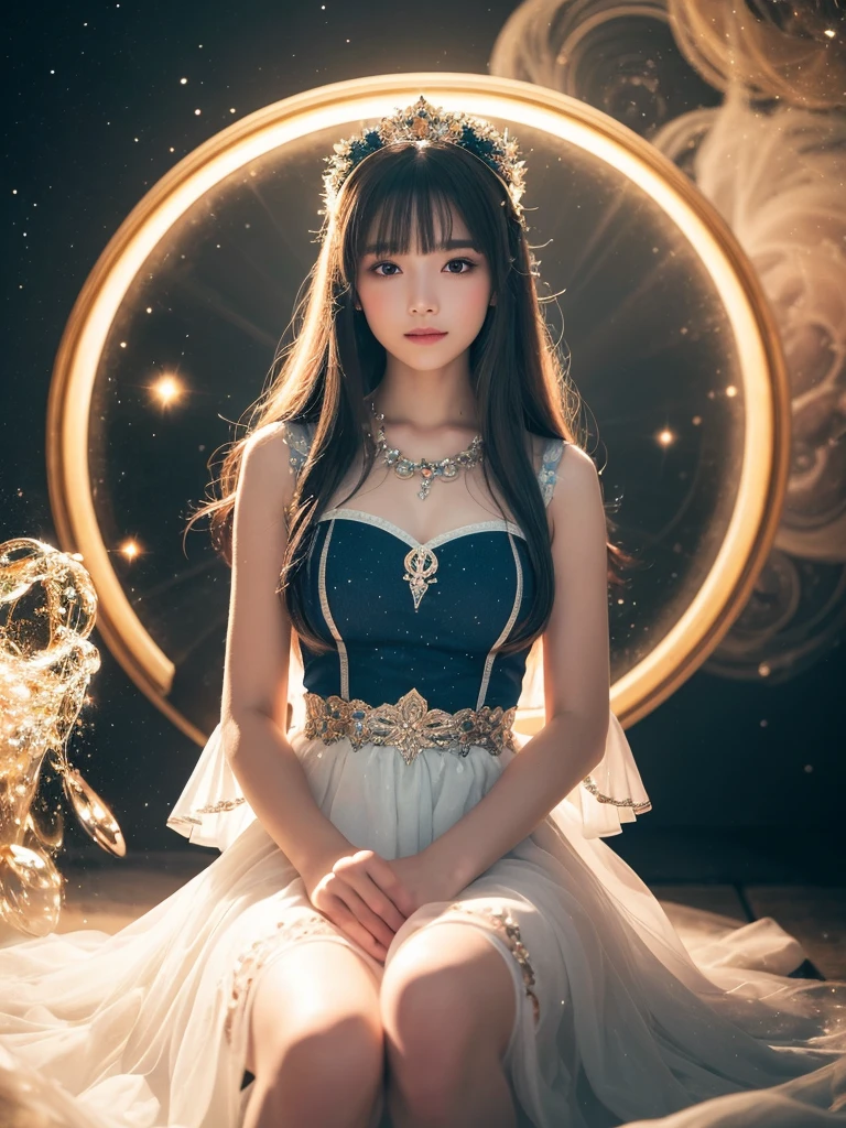 In this enchanting 4K Ultra HD masterpiece, a girl sits serenely amidst a kaleidoscope background, her long hair shimmering like stardust as it flows behind her. Her eyes sparkle with an inner light, and her subtle smile hints at a world of secrets. She wears a blue Lolita costume that glimmers in harmony with the swirling nebulae and cosmic elements. Soft, white glow fills the air, as if her presence has awakened magical energies. Framed by a circular composition, she appears suspended in an ethereal atmosphere, defying gravity with her perfect form.