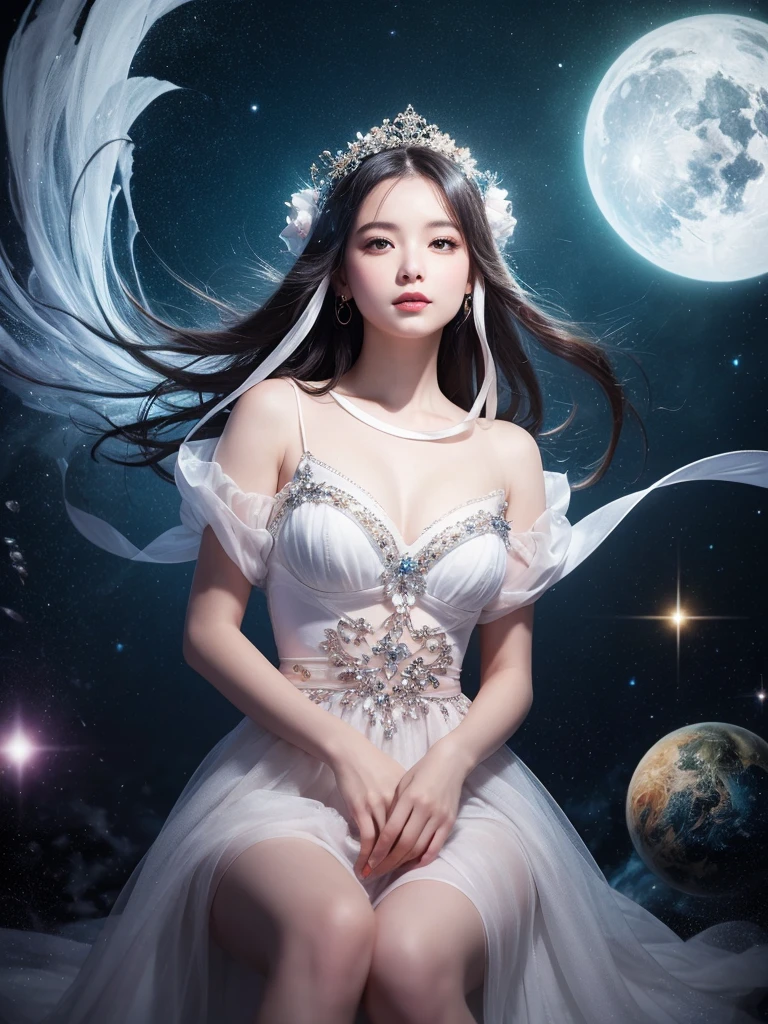 In this enchanting 4K Ultra HD masterpiece, a girl sits serenely amidst a kaleidoscope background, her long hair shimmering like stardust as it flows behind her. Her eyes sparkle with an inner light, and her subtle smile hints at a world of secrets. She wears a blue costume that glimmers in harmony with the swirling nebulae and cosmic elements. Soft, white glow fills the air, as if her presence has awakened magical energies. Framed by a circular composition, she appears suspended in an ethereal atmosphere, defying gravity with her perfect form.