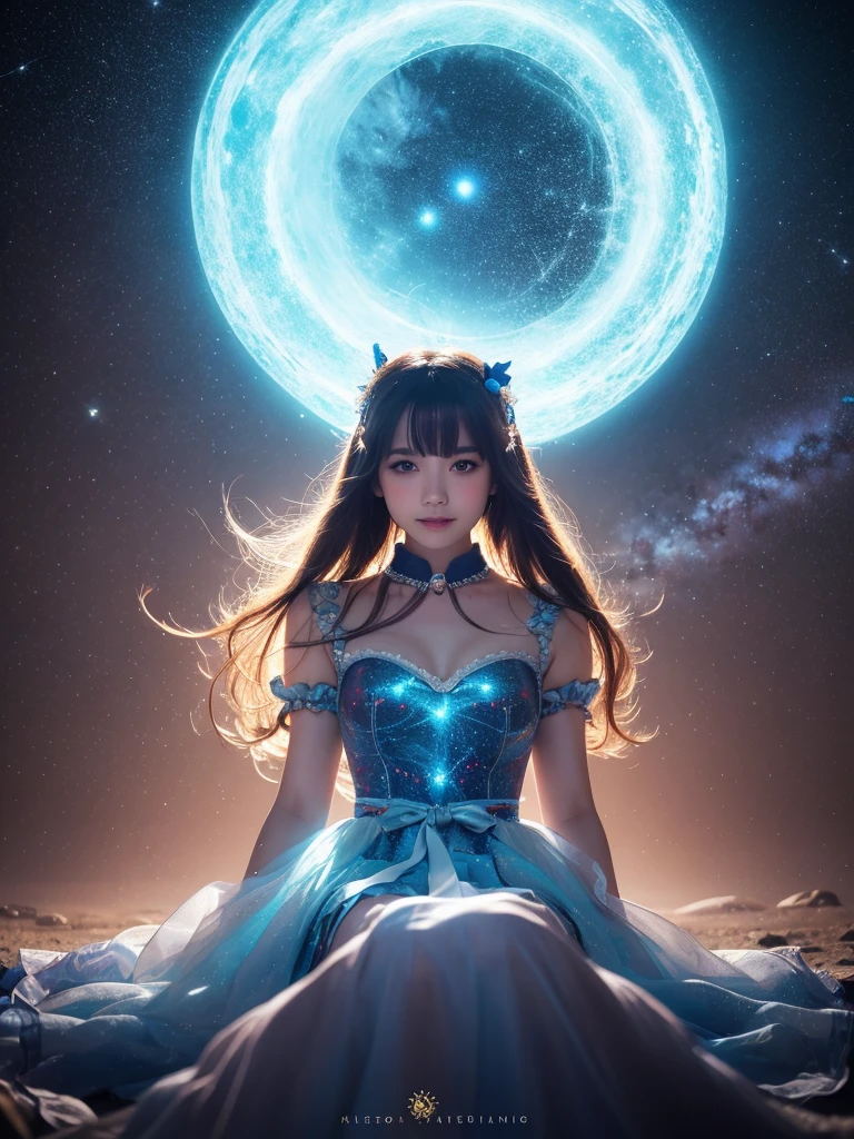 In this enchanting 4K Ultra HD masterpiece, a girl sits serenely amidst a kaleidoscope background, her long hair shimmering like stardust as it flows behind her. Her eyes sparkle with an inner light, and her subtle smile hints at a world of secrets. She wears a blue ta costume that glimmers in harmony with the swirling nebulae and cosmic elements. Soft, white glow fills the air, as if her presence has awakened magical energies. Framed by a circular composition, she appears suspended in an ethereal atmosphere, defying gravity with her perfect form.