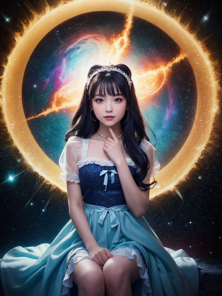 In this enchanting 4K Ultra HD masterpiece, a girl sits serenely amidst a kaleidoscope background, her long hair shimmering like stardust as it flows behind her. Her eyes sparkle with an inner light, and her subtle smile hints at a world of secrets. She wears a blue Lolita costume that glimmers in harmony with the swirling nebulae and cosmic elements. Soft, white glow fills the air, as if her presence has awakened magical energies. Framed by a circular composition, she appears suspended in an ethereal atmosphere, defying gravity with her perfect form.
