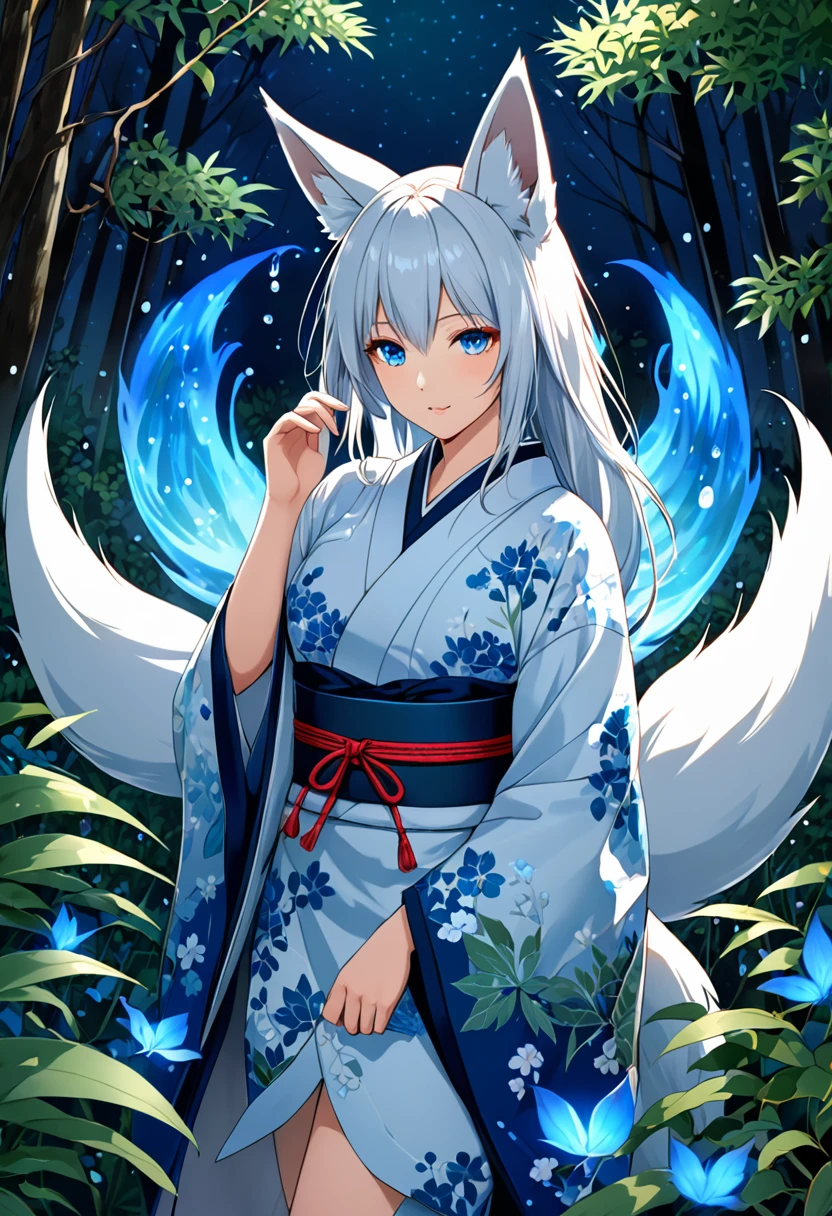 Masterpiece, Extremely detailed, beautiful, perfect face e, close distance shot, (A beautiful kitsune woman peering through the leaves in a dense forest) , {she is surrounded by motes of blue fire}, facing viewer, (dynamic pose) , fox ears, nine fox tails, traditional Japanese clothing. Japanese sandels, ((vegetation in the forground, water droplets on leaves, subject partially obscured by vegetation)) , ((moonlit night)) 