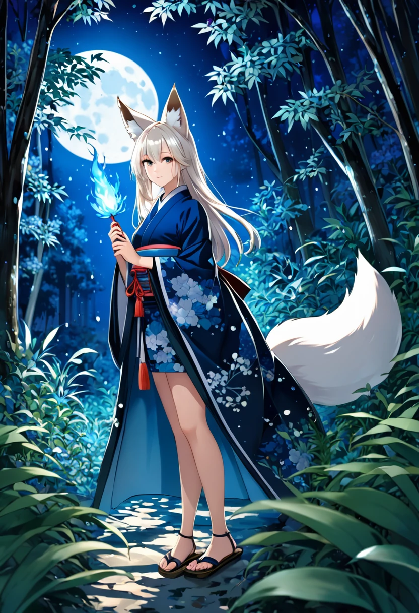 Masterpiece, Extremely detailed, beautiful, perfect face e, close distance shot, (A beautiful kitsune woman peering through the leaves in a dense forest) , {she is surrounded by motes of blue fire}, facing viewer, (dynamic pose) , fox ears, nine fox tails, traditional Japanese clothing. Japanese sandels, ((vegetation in the forground, water droplets on leaves, subject partially obscured by vegetation)) , ((moonlit night)) 