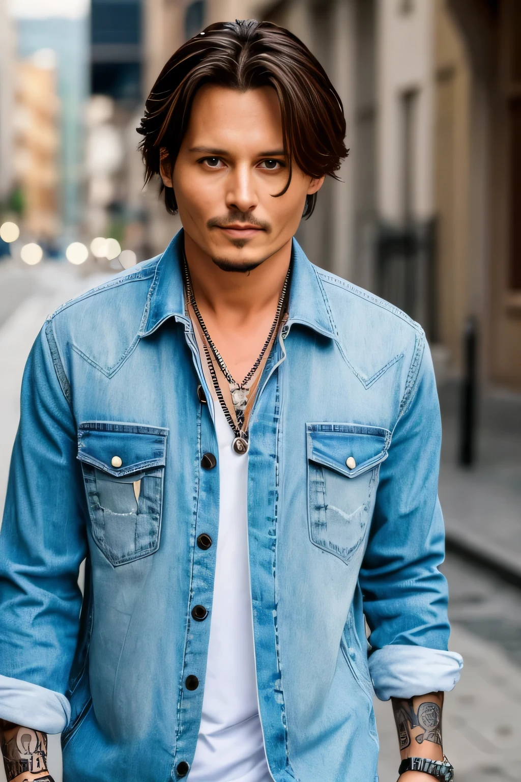 25-year-old Johnny Depp lookalike々Cool guy、What it's like to be a model、Chic and casual clothing、Delicate face、good looking、Her hair color is brown.、Brown eyes、Daytime on a sunny day、Cool standing figure、The scenery in the background is a cityscape、Live-action shooting style、High resolution 8k、Bright smile、Like a model、
