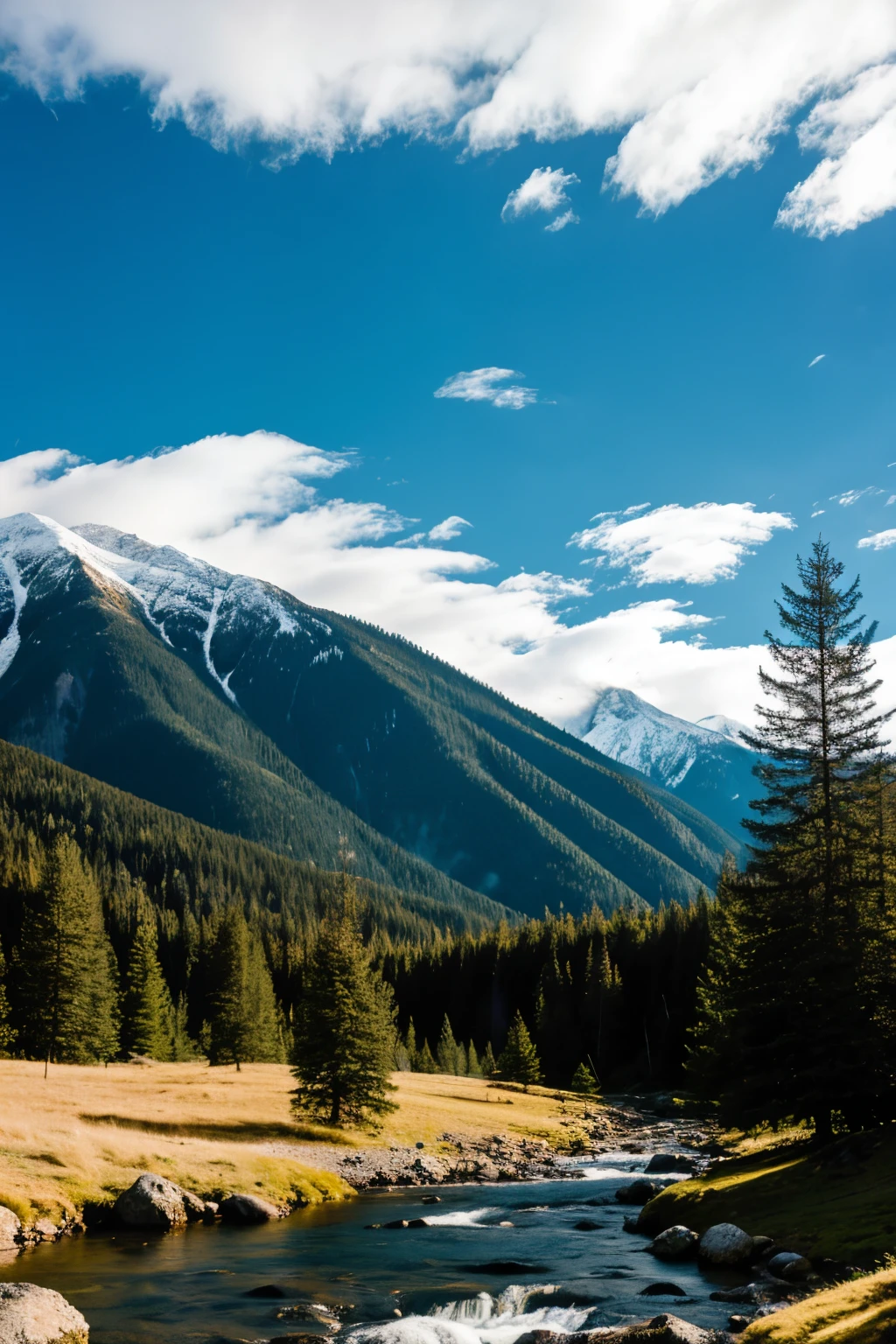 Landscape with mountains, stream, pine trees and clouds