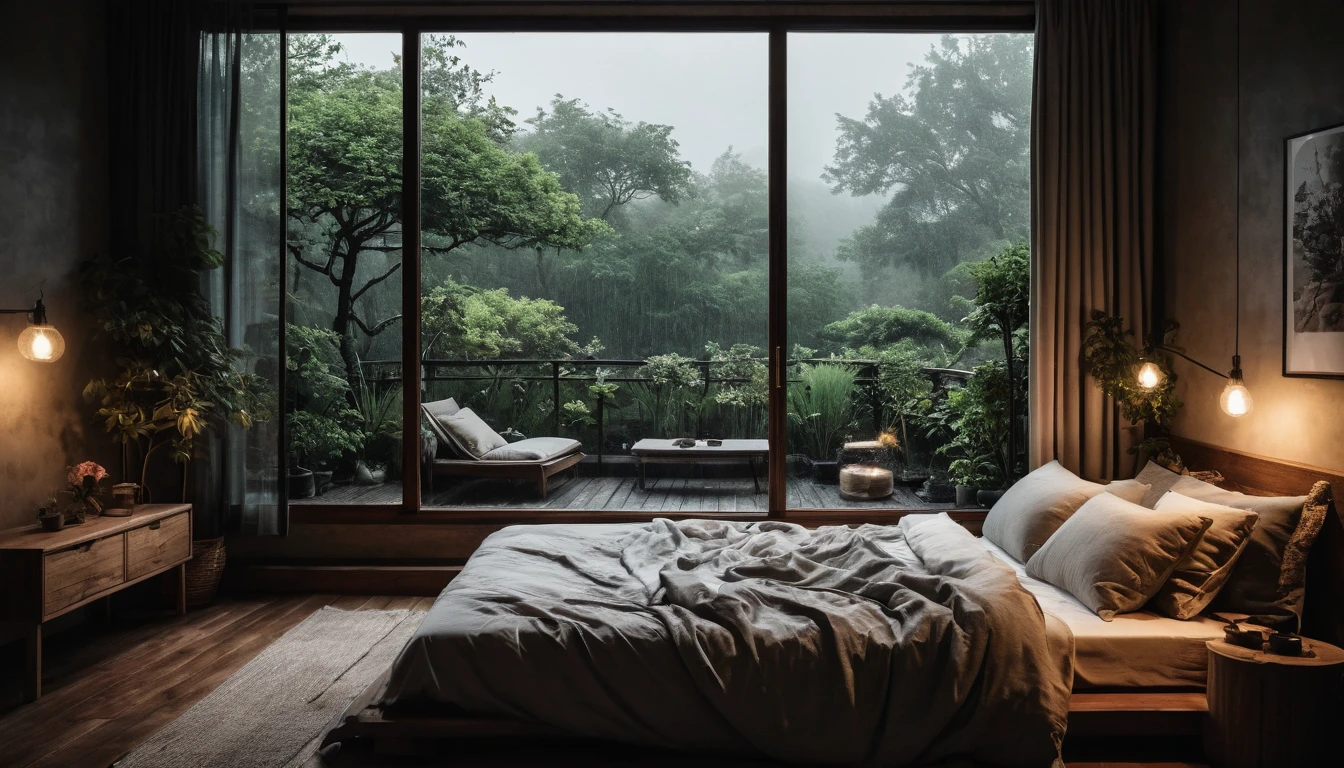 The picture shows a cozy gloomy bedroom, with a large window offering a view of a beautiful, dimly lit garden AND a garden soaked in FLOWERS, the cobblestones of the Japanese house concept. CINEMATIC, JAPANESE HOUSE, the shape of a Japanese house, and lots of flower gardens in the garden. The bed was unmade with rumpled sheets, indicating only a light sleep. the room is dark, gloomy, looks dim, gloomy. Beside the bed there is a small table with a classic lamp that radiates warm light into the room. Outside the window you can see the lush greenery of the terrace or balcony area, the rain is falling, the lamp on the left provides warm lighting, creating a calm and peaceful atmosphere. with fog obscuring part of the view in the distance. The contrast between the warmth indoors and the rain outdoors creates an inviting and calming atmosphere
