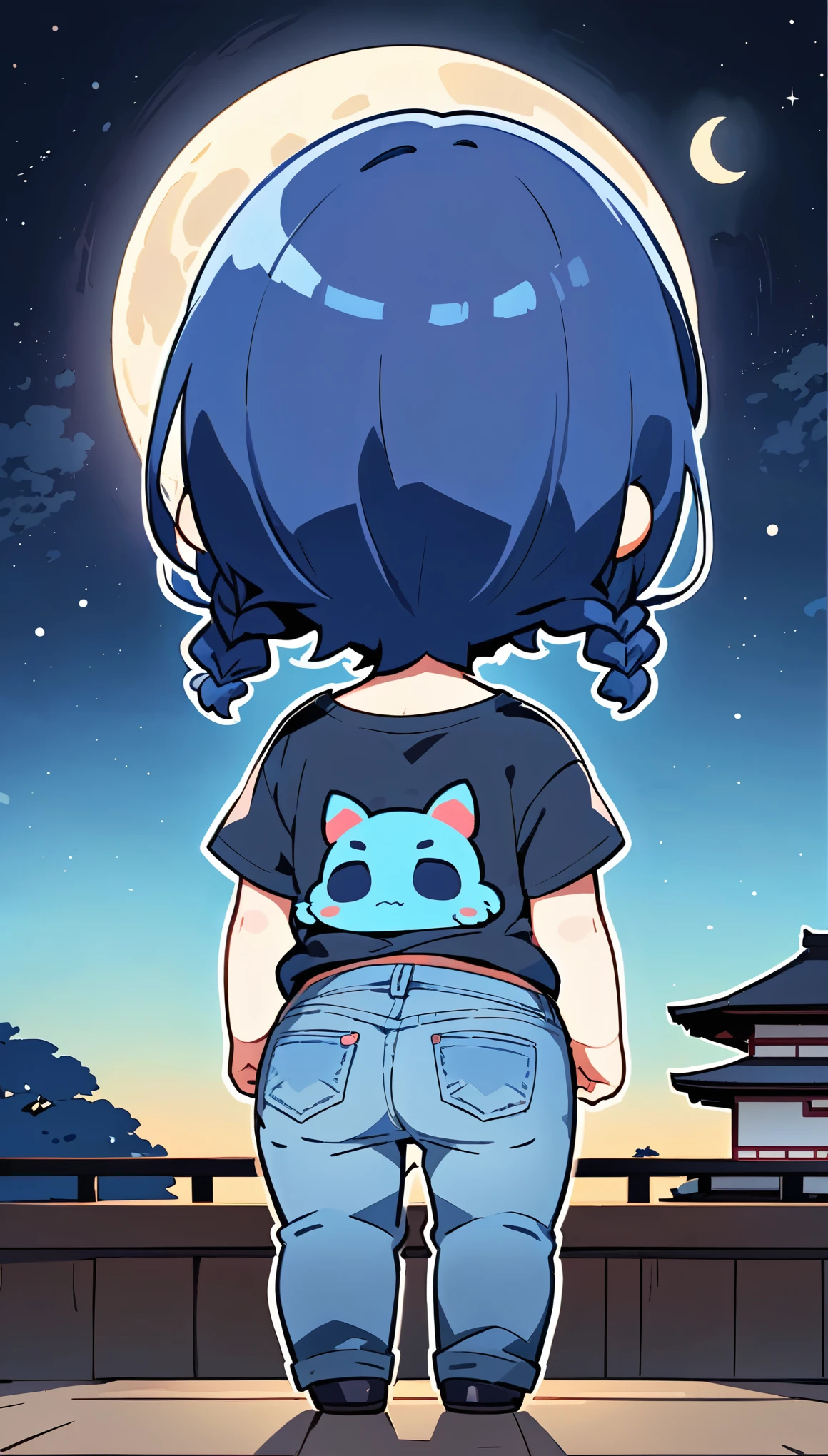 (alien woman),(Blue Skin),(Dreadlocks),(Cute tail),(((Pop T-shirt,jeans))),Living in Japan,屋根に座ってmoon見団子を食べる,Night Sky,moon,Back view,(Sad back),(Subtly sexy),(chibi),(Chibi Character)