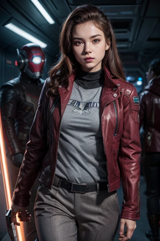 Young woman with helmet on her face, marvel star lord style, with burgundy jacket, gray shirt and pants, with two pistols in his pants, jet thrusters in boot and back
