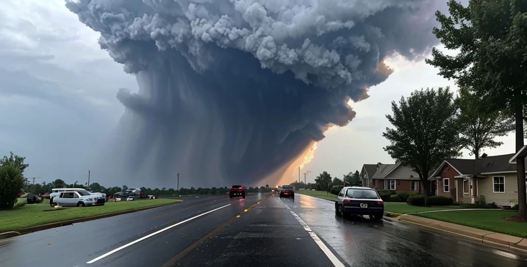 Car behing chased by tornado in suburban neighborhood