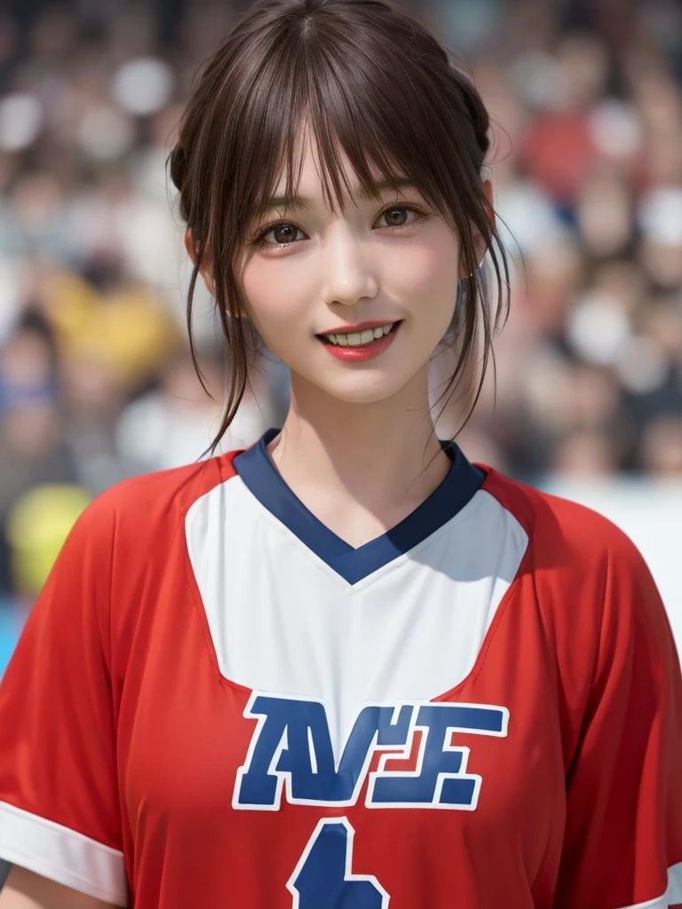 (Highest quality、8k、32K、masterpiece)、(Realistic)、(Realistic:1.2)、(High resolution)、Very detailed、Very beautiful face and eyes、(((Female solo shot)))、Frame In、Tight waist、(Highest quality、Attention to detail、Rich skin detail)、(Highest quality、8k、Oil paints:1.2)、(Realistic、Realistic:1.37)、Bright colors、(((Bust Shot)))、(((short hair)))、(((Laughter)))、(((Brown Hair)))、(((Soccer uniforms)))、(((ピンクのSoccer uniforms)))、(((Football Stadium)))、(((Enthusiastic audience)))、(((Uniform without lines)))、Short sleeve uniform、There are no lines on the sleeves