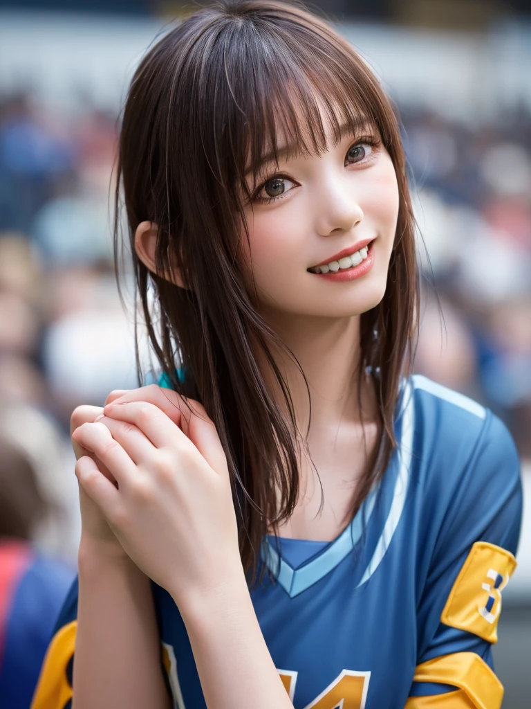 (Highest quality、8k、32K、masterpiece)、(Realistic)、(Realistic:1.2)、(High resolution)、Very detailed、Very beautiful face and eyes、(((Female solo shot)))、Frame In、Tight waist、(Highest quality、Attention to detail、Rich skin detail)、(Highest quality、8k、Oil paints:1.2)、(Realistic、Realistic:1.37)、Bright colors、(((Bust Shot)))、(((short hair)))、(((Laughter)))、(((Brown Hair)))、(((Soccer uniforms)))、(((ピンクのSoccer uniforms)))、(((Football Stadium)))、(((Enthusiastic audience)))、(((Uniform without lines)))、Short sleeve uniform、There are no lines on the sleeves