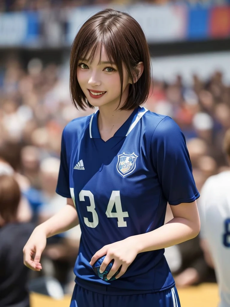 (Highest quality、8k、32K、masterpiece)、(Realistic)、(Realistic:1.2)、(High resolution)、Very detailed、Very beautiful face and eyes、(((Female solo shot)))、Frame In、Tight waist、(Highest quality、Attention to detail、Rich skin detail)、(Highest quality、8k、Oil paints:1.2)、(Realistic、Realistic:1.37)、Bright colors、(((Bust Shot)))、(((short hair)))、(((Laughter)))、(((Brown Hair)))、(((Soccer uniforms)))、(((ピンクのSoccer uniforms)))、(((Football Stadium)))、(((Enthusiastic audience)))、(((Uniform without lines)))、Short sleeve uniform、There are no lines on the sleeves