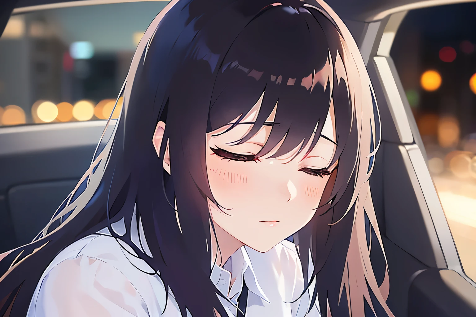 leaning to the side, Upper Body, Realistic, real person, (pale skin: 1.2), RAW photo, photorealistic, shiny skin, shiny hair、(A 25-year-old woman with straight hair and bangs) and (medium hair) and (black hair) and (closed eyes:1.5) ,(white collared shirt)、(sleepy:1.5), (blush:1.3), The background is the back seat of a taxi、Alone、(night:1.5)