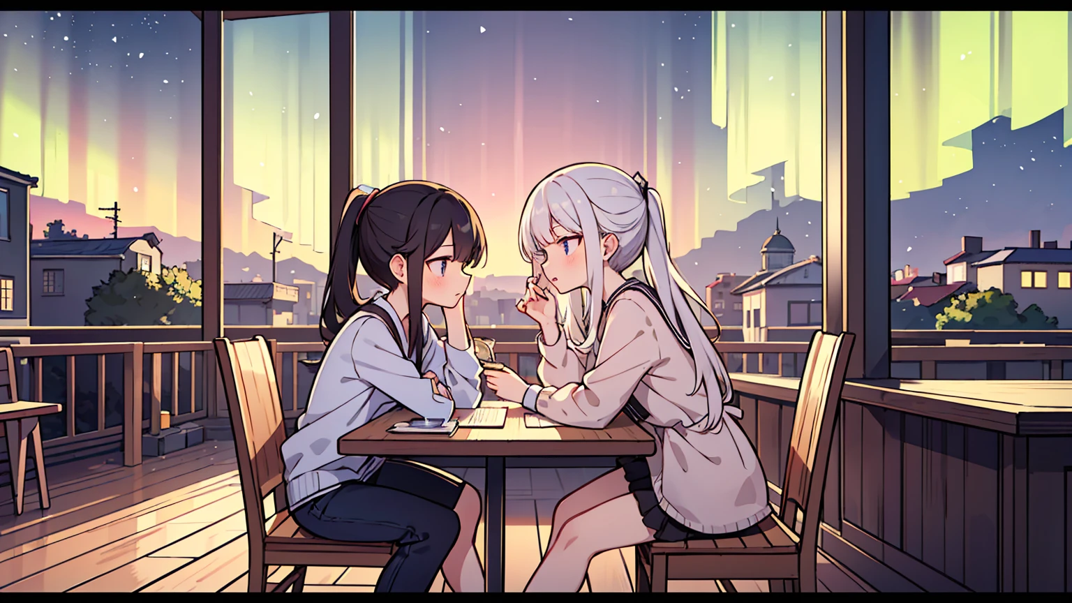 (masterpiece, best quality),Two women with different faces and hairstyles, different hair colors, different faces, ponytail, shot,letterboxed, perfection of fashion,chapped lips, casual attire, upper body, from the side,A cafe with a terrace overlooking the night sky with the Aurora,Teaching students to study at an old-fashioned table, eyes look at the note, together, stylish outfit,