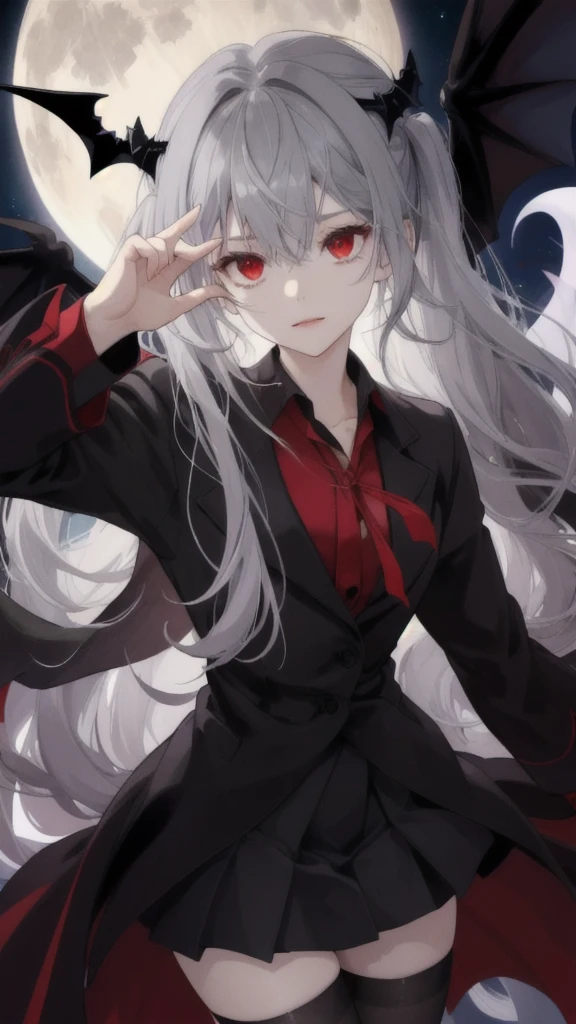 (Highest quality,Very detailed,High resolution:1.2),One Girl,Gray Hair,The most beautiful girl in human history,Sad look,暗い red eyes (暗いred eyes:1.1),暗い aura(aura:1.1),(mysterious,Ghostly:1.1) atmosphere,Looks like half a demon,(Demonic traits,Devilish Features),(Elaborate,Brilliant) ,Small Ass,Thin legs,Black Stockings,Knee-length skirt,Red Shirt,Black long coat,Put your coat over your head like the Grim Reaper,Dark night sky,Big full moon,Lots of flying bats