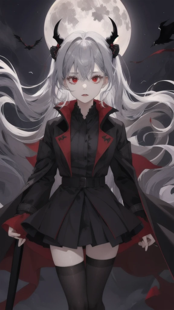 (Highest quality,Very detailed,High resolution:1.2),One Girl,Gray Hair,The most beautiful girl in human history,Sad look,暗い red eyes (暗いred eyes:1.1),暗い aura(aura:1.1),(mysterious,Ghostly:1.1) atmosphere,Looks like half a demon,(Demonic traits,Devilish Features),(Elaborate,Brilliant) ,Small Ass,Thin legs,Black Stockings,Knee-length skirt,Red Shirt,Black long coat,Put your coat over your head like the Grim Reaper,Dark night sky,Big full moon,Lots of flying bats
