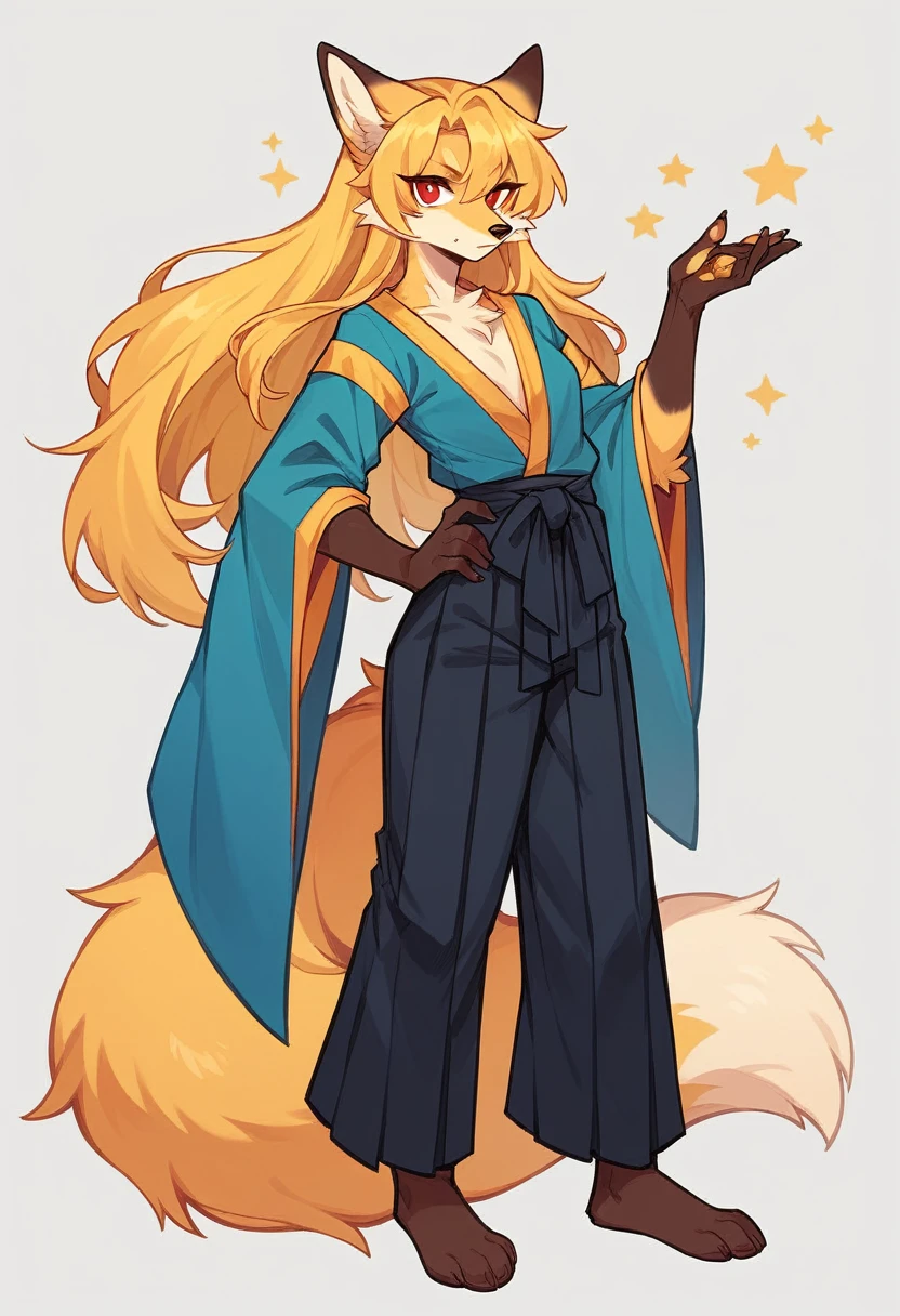 (full body,,The left hand is on the hip),((The right hand is out in front,)),small breasts,Adult female fox, Furry, Golden fur, Golden facial fur, long golden hair, The hair on his hands is golden, Golden yellow hair on the back of the hand, Light-filled eyes, Red eyes, Brown elements of fur,A plain dark blue outfit,Black Hakama,Very fine fur, Fluffy tail,
