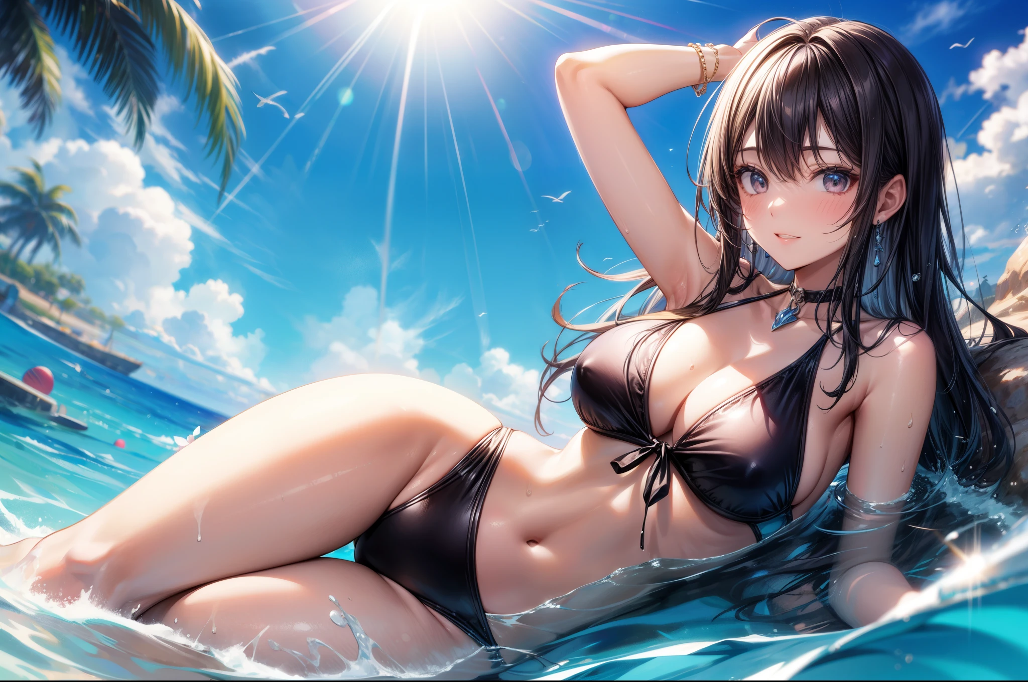 masterpiece, best quality, high quality, detailed, ultra detailed, hyper detailed, insanely detailed, exquisite, beautiful, FHD, Full-HD, 4K, 8K, 16K, highres, absurdres,summer girls!!,swim suit,(dynamic angle)