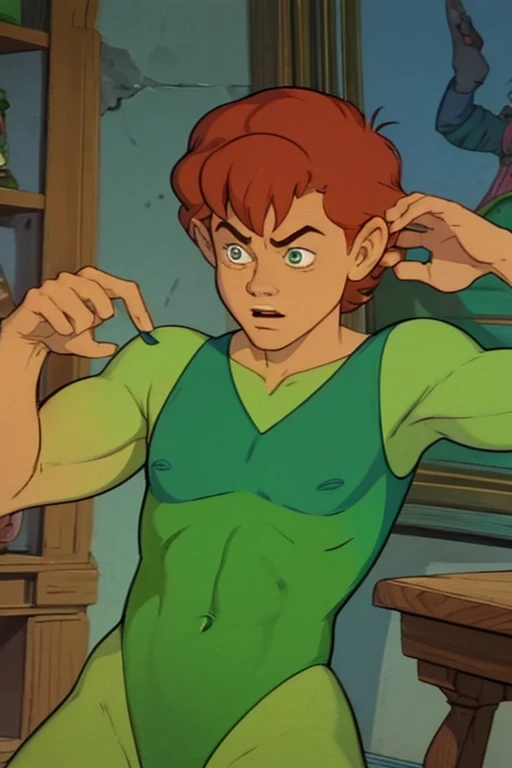 a redhead cartoon character dressed in a green leotard, very muscular, a young male wizard, 1980s cartoon, animated episode still, Presto (((mad)))