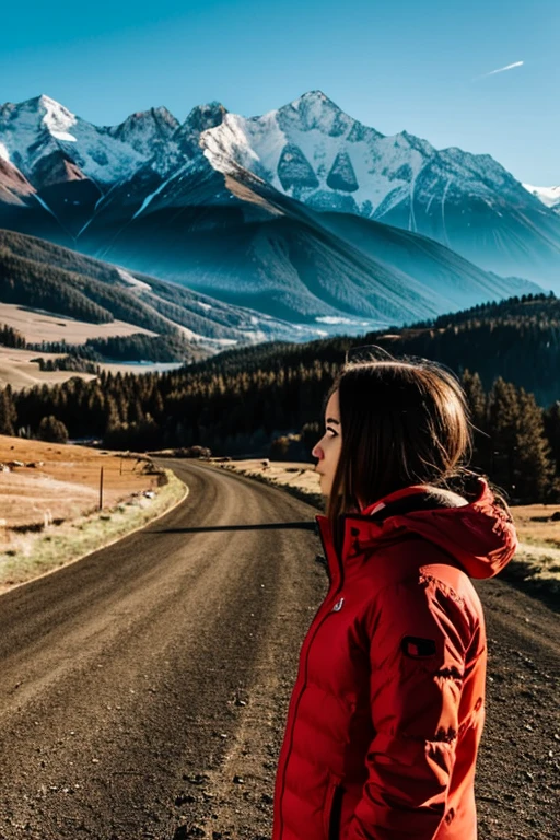 A young woman looking towards the mountains with determination and hope