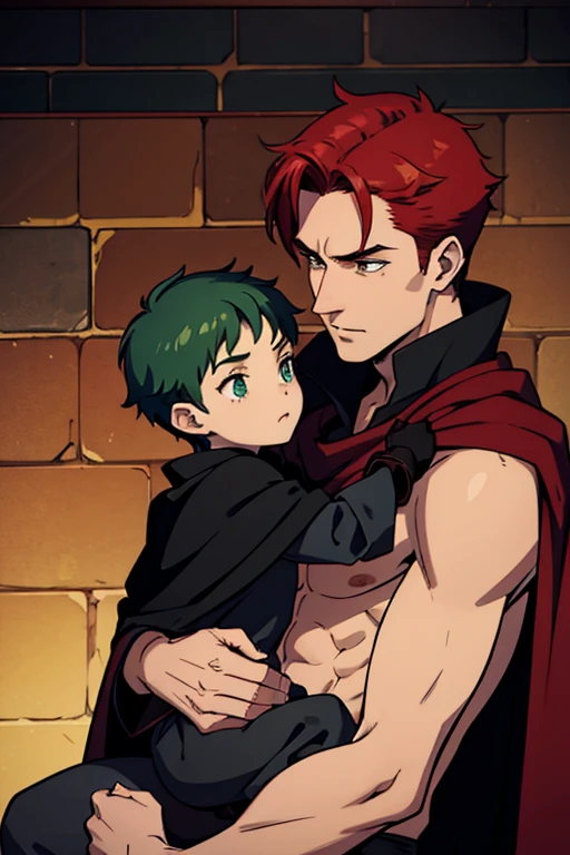 A red-haired necromancer man wearing a black cape and no shirt carrying a small green-haired boy on his lap