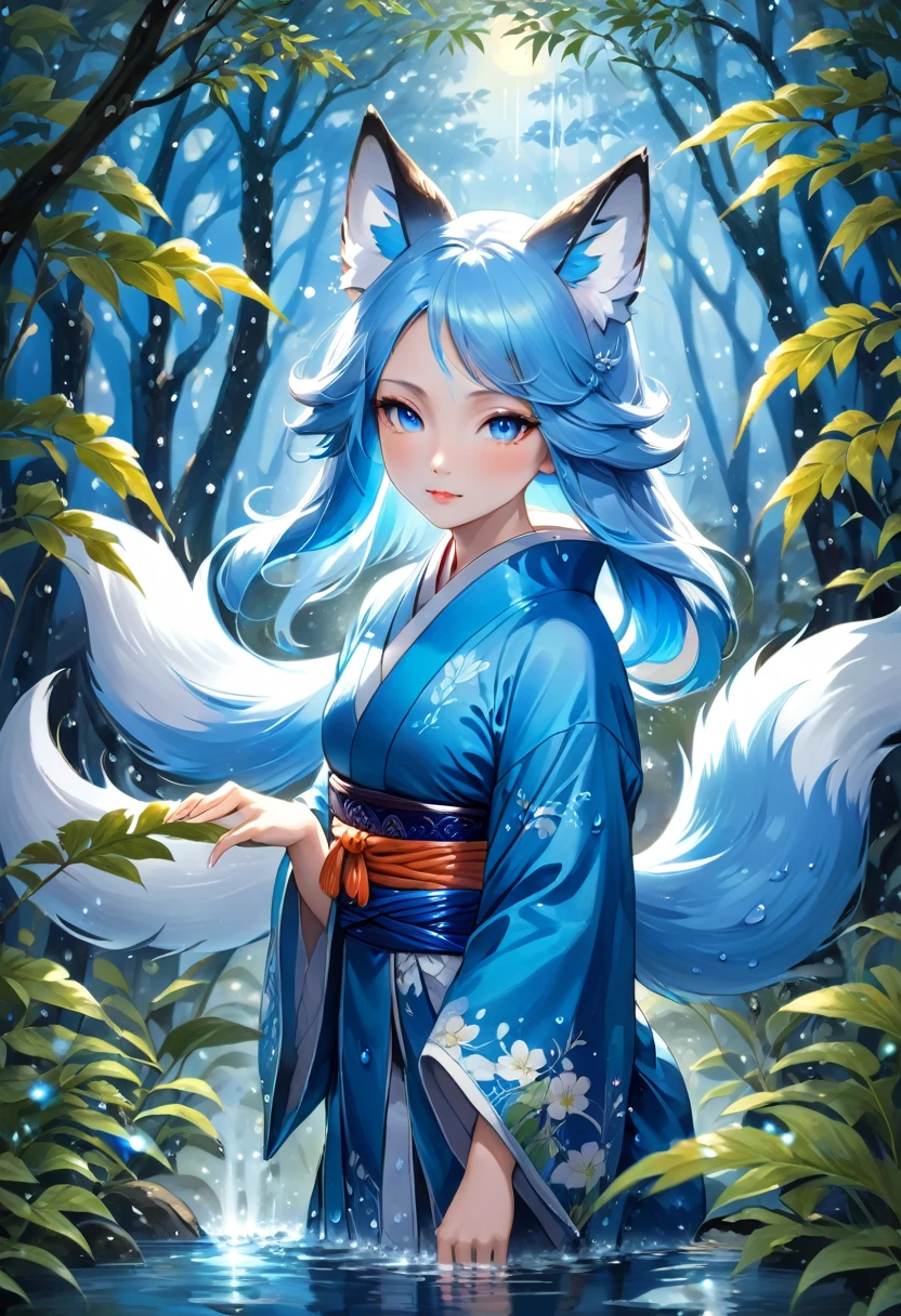 Masterpiece, Extremely detailed, beautiful, perfect face e, close distance shot, (A beautiful kitsune woman peering through the leaves in a dense forest) , {she is surrounded by motes of blue fire}, facing viewer, (dynamic pose) , fox ears, nine fox tails, traditional Japanese clothing. Japanese sandels, ((vegetation in the forground, water droplets on leaves, subject partially obscured by vegetation)) , ((moonlit night))