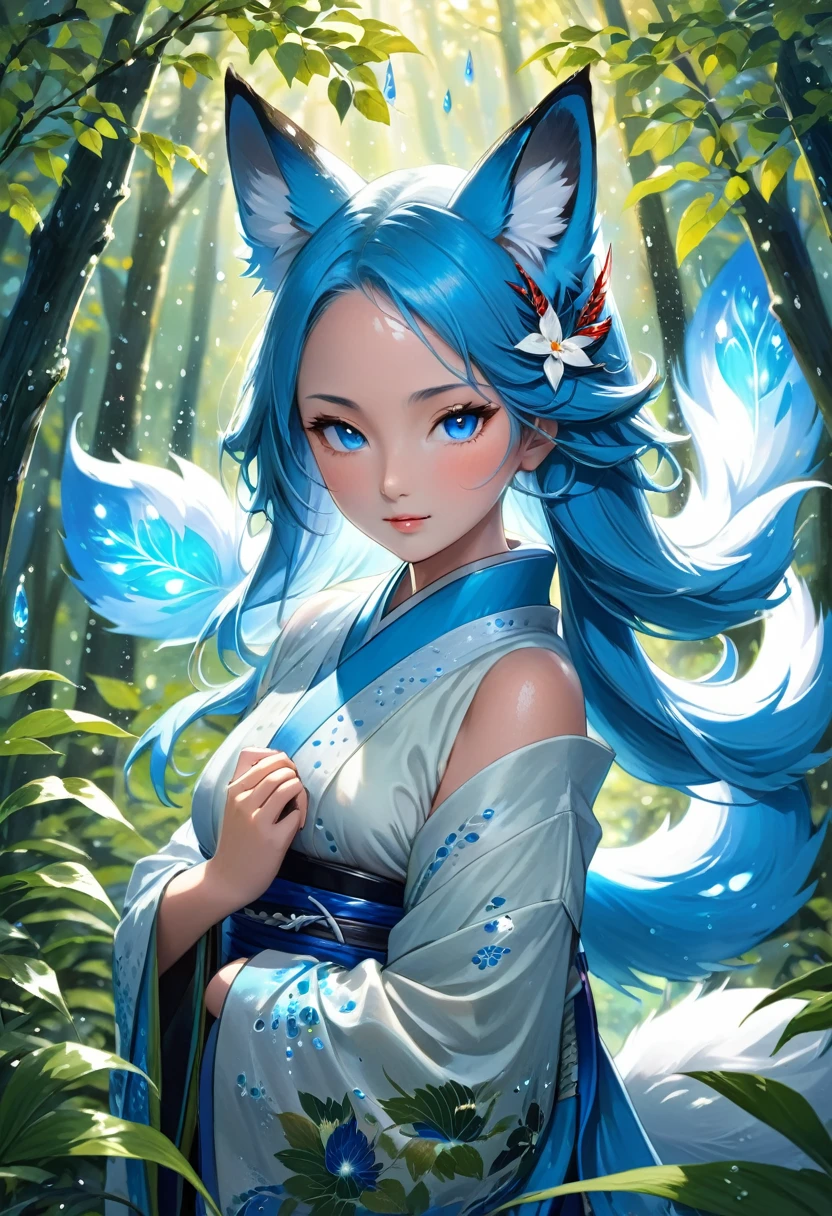 Masterpiece, Extremely detailed, beautiful, perfect face e, close distance shot, (A beautiful kitsune woman peering through the leaves in a dense forest) , {she is surrounded by motes of blue fire}, facing viewer, (dynamic pose) , fox ears, nine fox tails, traditional Japanese clothing. Japanese sandels, ((vegetation in the forground, water droplets on leaves, subject partially obscured by vegetation)) , ((moonlit night))