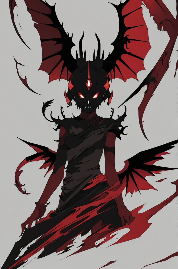 Create an abstract and surreal depiction of torn and haze shape a pride demon, the demon has torn wings, its eyes deep empty, The demon’s limbs are long and slender, exuding confidence and authority, (low saturation), (faded color) palette is monochrome color, a little gold and vibrant red, with intricate, soft yet sharp lines to, featuring dark, ominous tones ,mystical atmosphere, solid gray background, (minimilism), dim