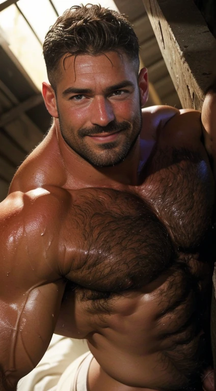 An original award-winning photo,A dirty sweaty wet tired man , wild and muscular, (27 years old daddy:1.1), 1 , ( thick large penis), (big shoulders), musculature, stubble, short beard, gorgeous eyes:1.3, ), (face detailed:1.3), using , smile, dynamic angle, volumetric lighting, (best qualityer, A high resolution, photorrealistic), cinematic lighting, CRU , lying on a messy dirty bed in the favela , show open anus luscious cumshot , fully body , big penis ejaculating a lot of sperm