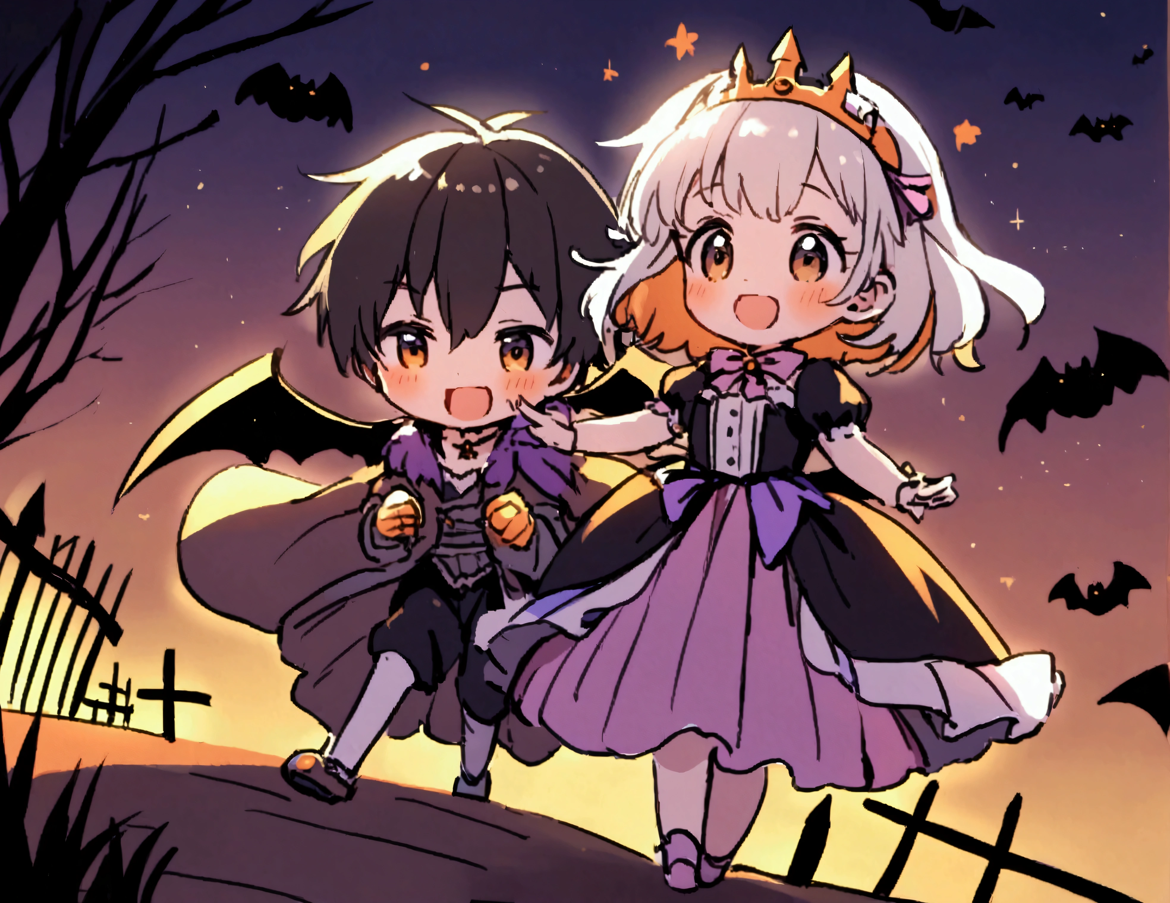 A flying puppy with bat wings, Halloween night, looking cute as he flying chases a girl in a princess costume
