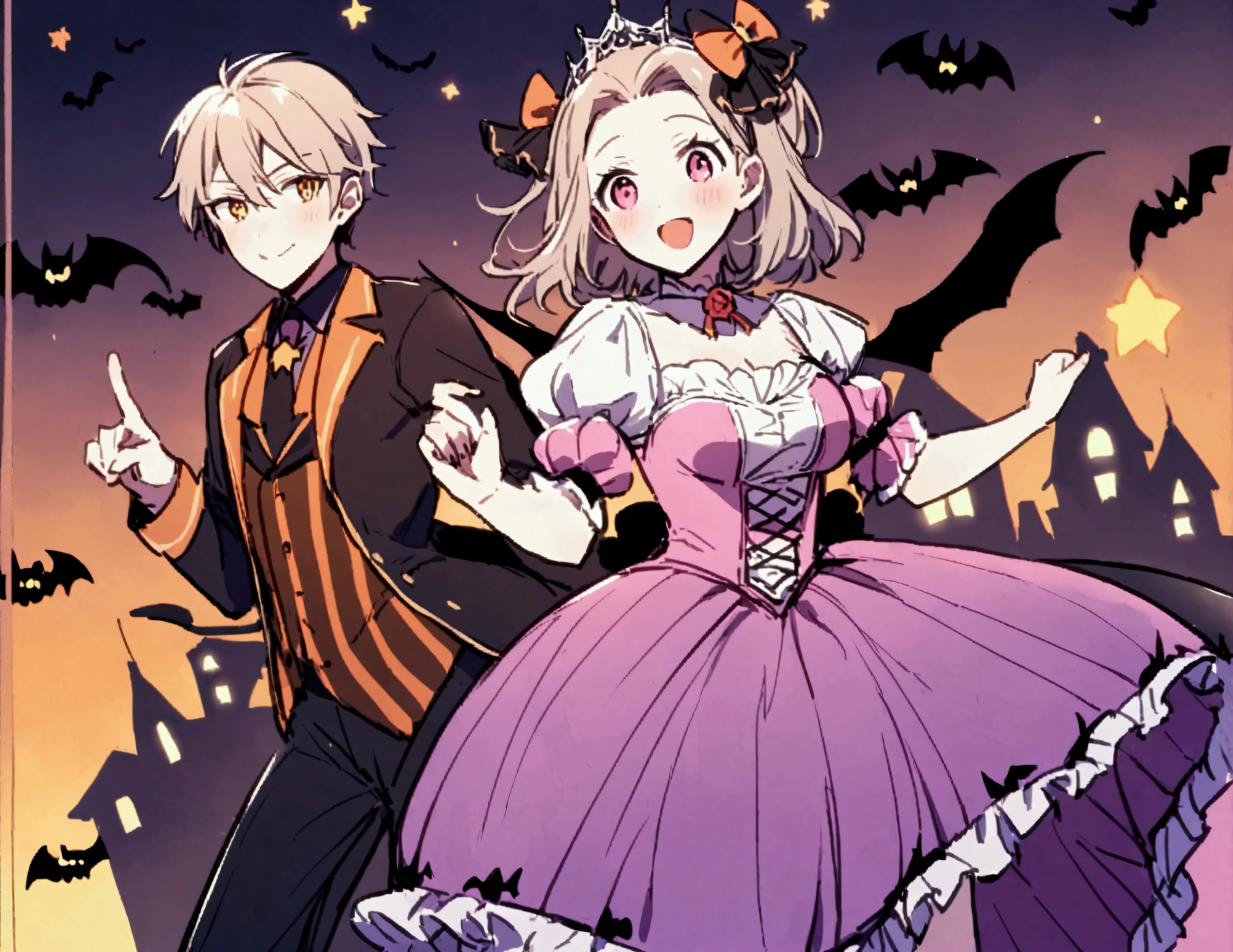 A flying puppy with bat wings, Halloween night, looking cute as he flying chases a girl in a princess costume
