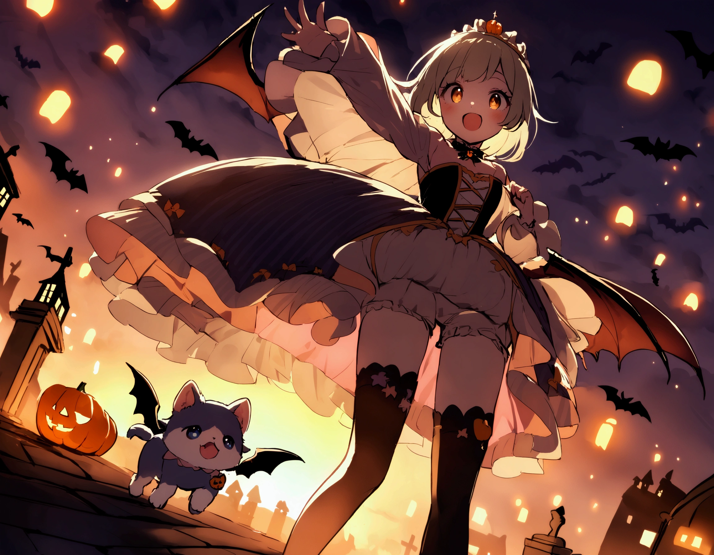 A flying puppy with bat wings, Halloween night, looking cute as he flying chases a girl in a princess costume