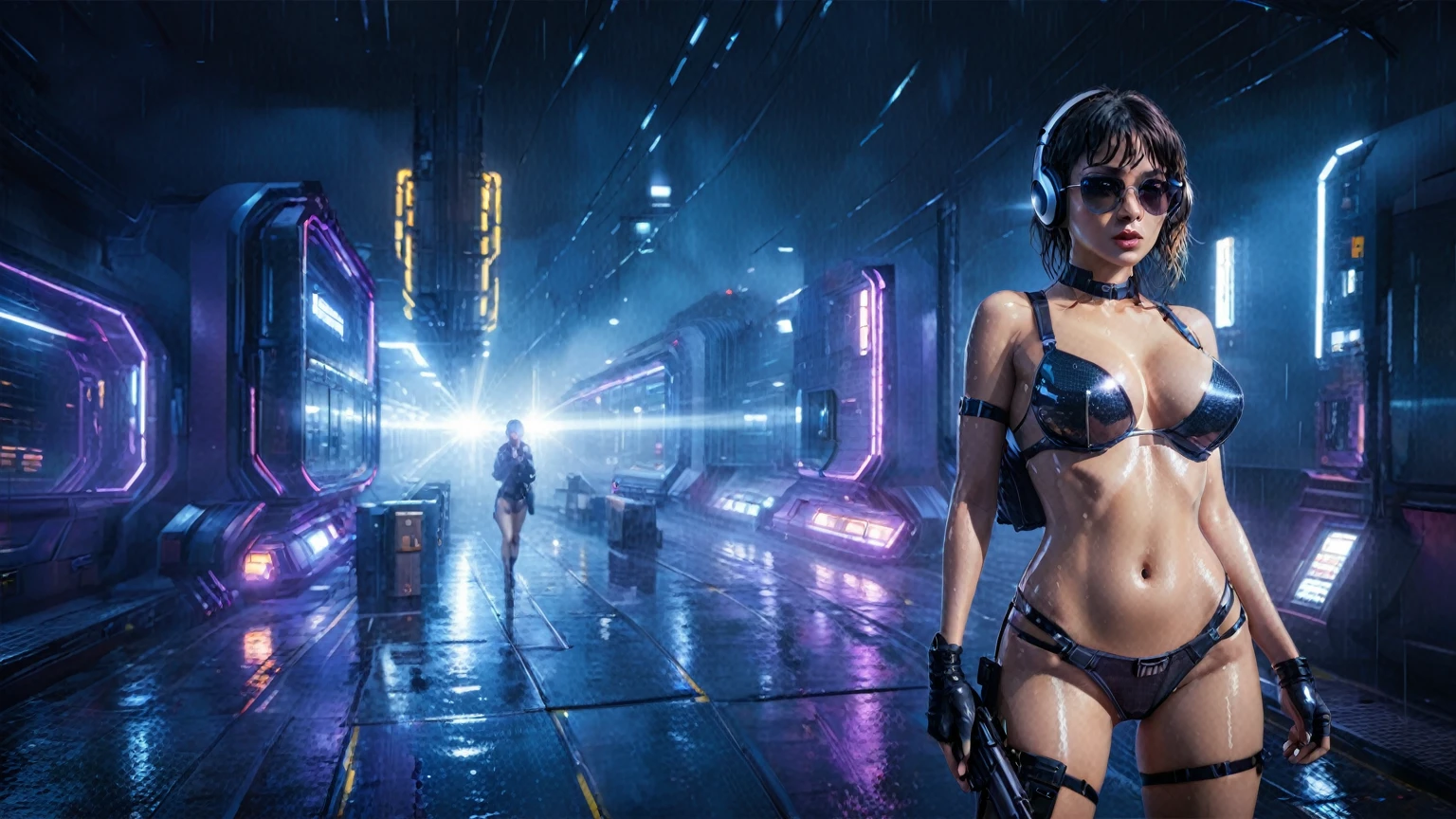 (((aerial view))), Blade Runner style futuristic railway platform, hi-tech train, neon lights, rainy night. (1girl, solo, alone), large-breast:1.2 slim body, cleavage:1.1, sexy lingerie with wet jacket, headphone, (black sunglasses), (((she raised a pistol:1.8 and shot:1.8 the viewer))), dynamic pose, (((half-body thigh level medium shot))), cinematic lighting, lens flare, ray tracing, blurred:1.4 background.