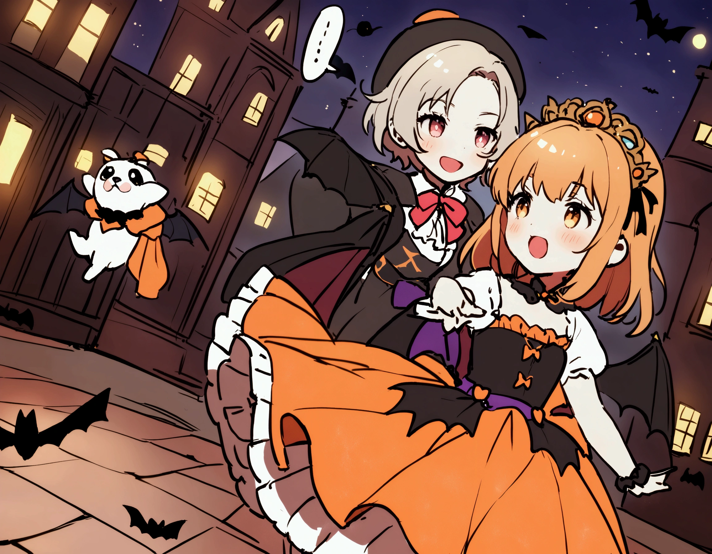 A flying puppy with bat wings, Halloween night, looking cute as he flying chases a girl in a princess costume
