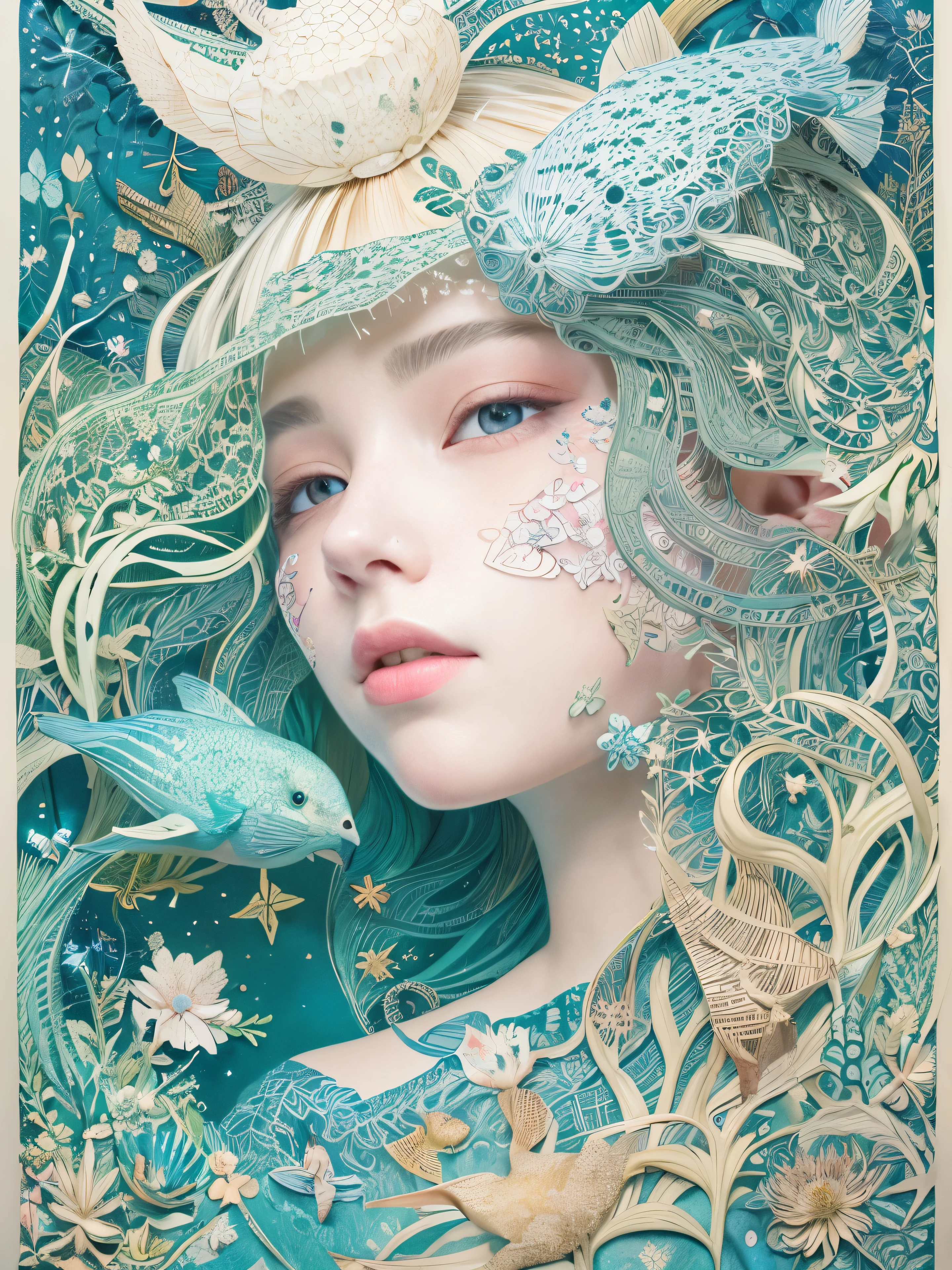 Highest quality, An illustration, Beautiful details shine,
paper_cut, The details of a fragile girl's face captured on camera, Whales、Dolphin、wood, moon, butterfly,Wind,flower、star、Blue haze