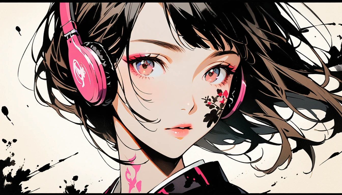 (((Ink Painting))), Fashion portrait color photos, (((1 girl))), (((Tattoo on face))), (((Gorgeous kimono))), Japanese style headphones, face close-up, Japanese beautiful girl, Black Hair