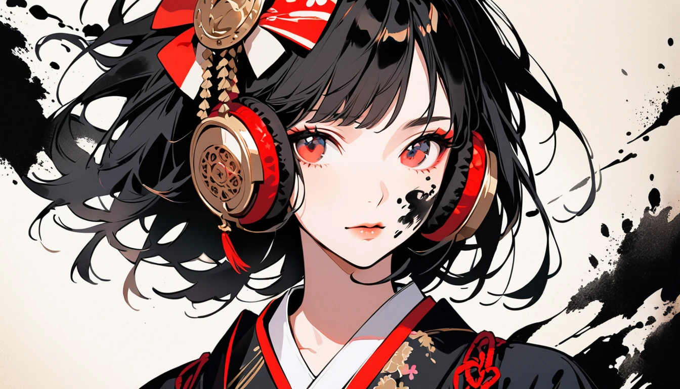 (((Ink Painting))), Fashion portrait color photos, (((1 girl))), (((Tattoo on face))), (((Gorgeous kimono))), Japanese style headphones, face close-up, Japanese beautiful girl, Black Hair