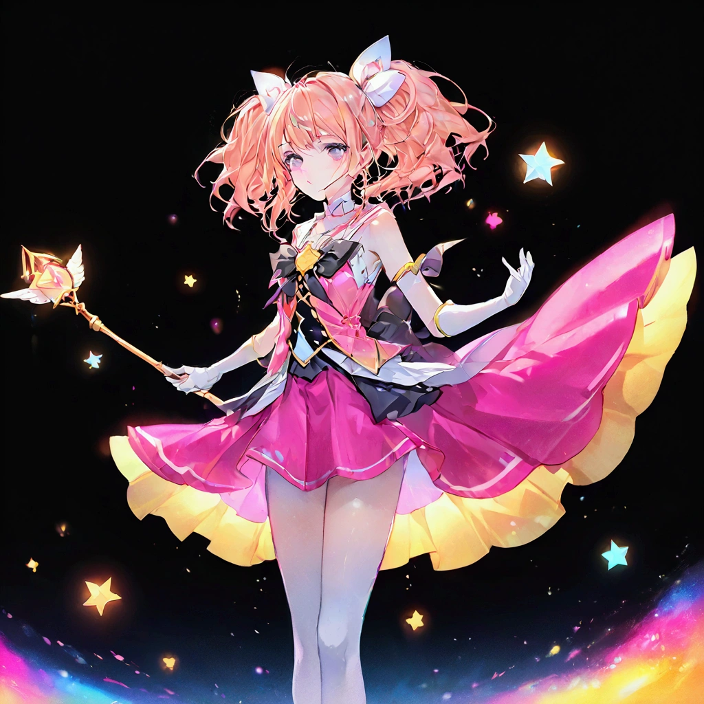 A lone magical girl with fair white skin stands in a high-definition, ultra high-definition bedroom. She possesses a slender frame and small breasts, her wavy, long hair flowing elegantly. Dressed in a rose gold hair color, she wears detached sleeves, a skirt with a black bow, and pink eyes that reflect disdain. Adorned with a rose in her hair, she stands with a look of humiliation and defiance, gazing directly at the viewer.