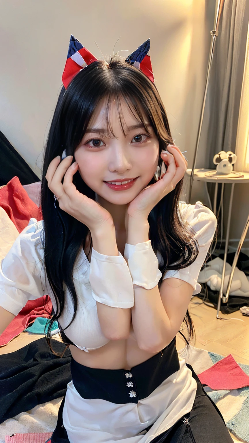 (masterpiece, Highest quality:1.3), smile、(Very detailed:1.2), (hyperRealistic:1.5), (RAW Photos:1.2),(Spread your legs:1.4)、High resolution raw color photos, SLR photography, (PhotoRealistic:1.4), (Realistic:1.4),(small and high nose:1.4)、Big eyes、Long eyelashes、Thick lower eyelashes、Professional Lighting, Perfect Anatomy, (Slim body with big breasts:1.5), (Detailed face), (Cute appearance:1.5), (Black straight hair:1.5), (Small, pointy nose:1.5)、necklace, bracelet, (Random pose:1.4), (A beautiful 35-year-old woman in cute clothes: 1.4)、(Messy room:1.4)、(Big, round eyes:1.4)、(A big smile:1.8)