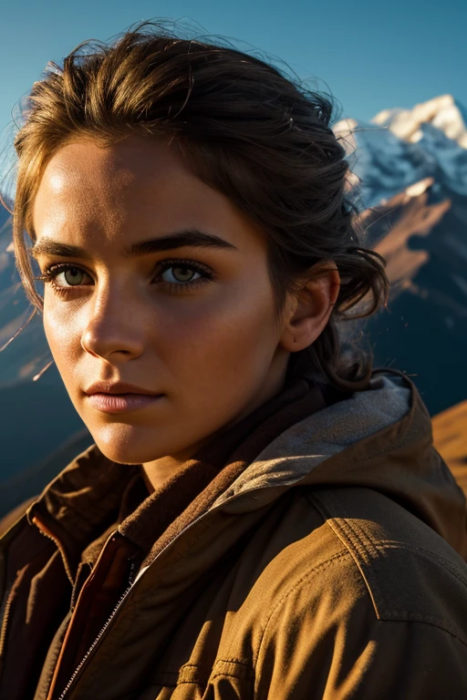a young woman looking at the mountains with determination and hope, portrait, hyperrealistic, dramatic lighting, vibrant colors, cinematic, 8k, highly detailed, masterpiece, photorealistic, intricate details, volumetric lighting, depth of field, chiaroscuro, dramatic pose, expressive facial features, beautiful detailed eyes, beautiful detailed lips, extremely detailed eyes and face, long eyelashes, adventurous, resilient, hopeful, windswept hair, natural environment, rugged terrain, snow-capped peaks, golden hour, cinematic composition, breathtaking scenery, sense of wonder, powerful emotions