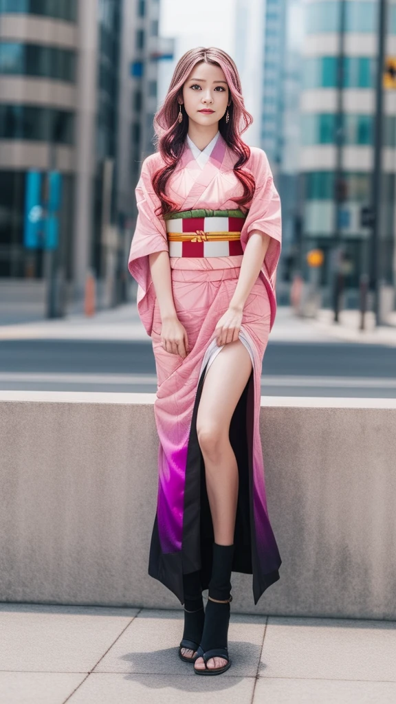 Cute Japanese woman, (16 years old), (very cute face), white moisturized skin, looking at the camera, melancholy expression,
BREAK,
Idol,
BREAK,
(wearing cute kimono: 1.3), (highly revealing kimono), very large earrings, short length,
BREAK,
(fighting pose: 1.1),
BREAK,
(long hair), (pink hair: 1.4), (wavy hair), (gradient hair: 1.3), (red hair at the ends),
BREAK,
(realistic: 1.3), masterpiece, perfect lighting, (ultra-high resolution), (8K), (highly detailed: 1.4), (from the front), (full body: 1.4), (symmetrical: 1.2), (one shot),
BREAK,
(Shibuya city in Japan: 1.2),
BREAK,
(Demon Slayer: 1.4),
BREAK,
(Imada Mio: 1.4),