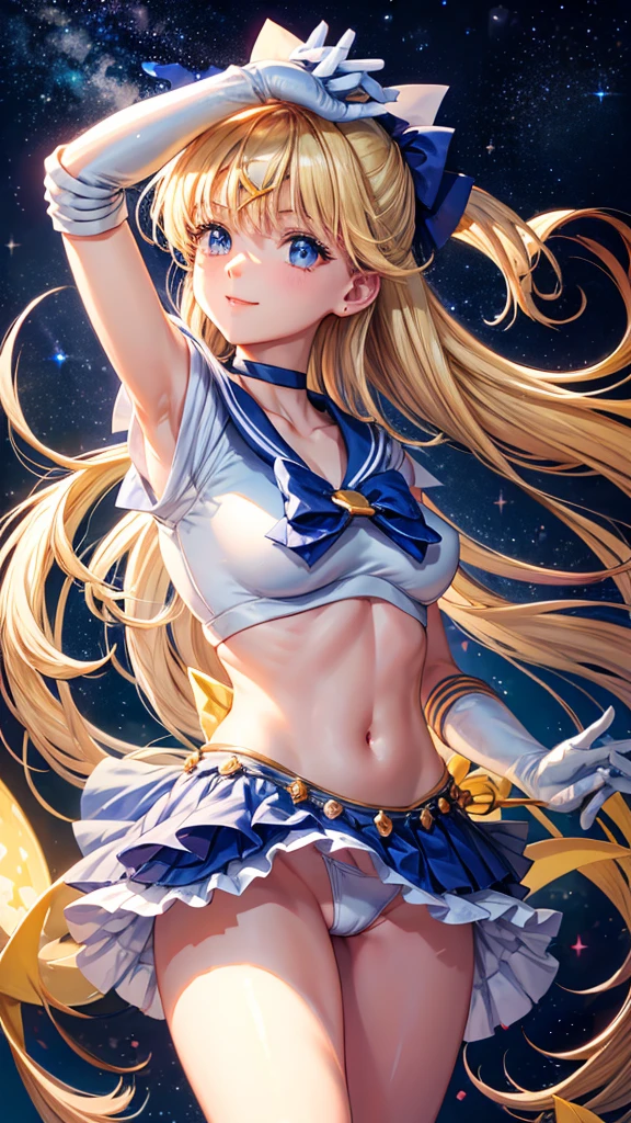 Tabletop, Highest quality, High resolution, sv1, Sailor Warrior Uniforms, Blue Skirt, Blue lace panties visible through a mini skirt、Bikini Panties、white Pantiesー, Visible from under the blue hort term、Elbow Gloves, Tierra, Faltenrock, Folding a mini skirt, white Panties、Beautiful camel toe lace panties、Sword, choker, White gloves, jewelry, Starry Sky, Innocent pose, Easy-going smile, Portraiture, floating, whole, whole body,Future City